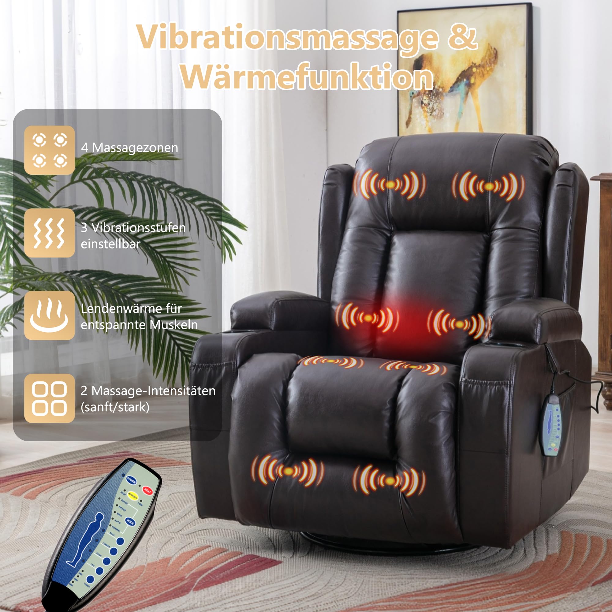 Relaxsessel mit Liegefunktion, Massagesessel mit Wärmefunktion, 360° Drehbarer Fernsehsessel Wohnzimmer, Schaukelstuhl mit Kissen/Seitentaschen/Getränkehalter (Rötlich-braun)