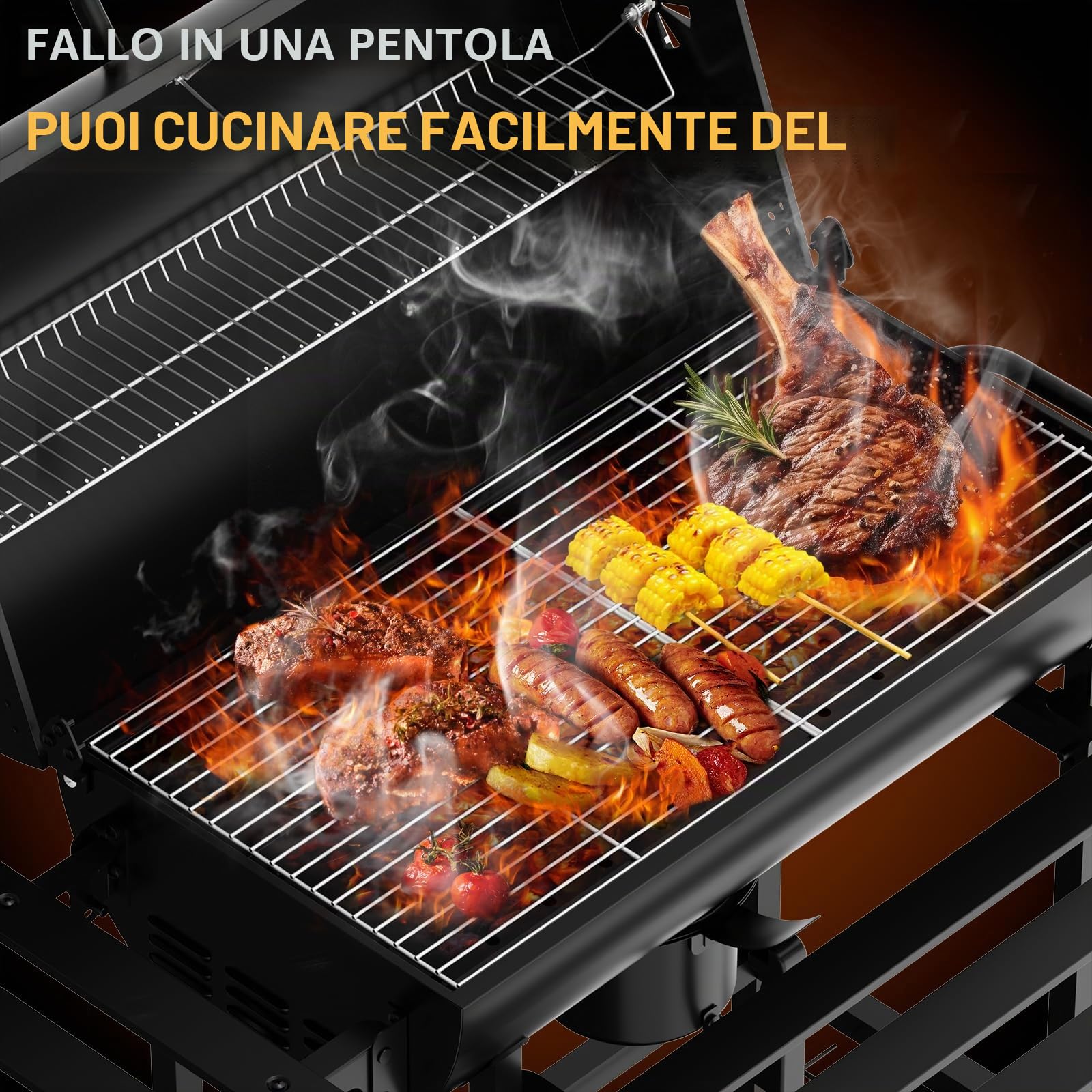TEENO Grande Barbecue a carbone di legna XXL,Termometro,Cassetto per cenere,Guanti anti-scottatura, Svento regolabile,Grande Barbecue a carbone (Con coperchio in tessuto)
