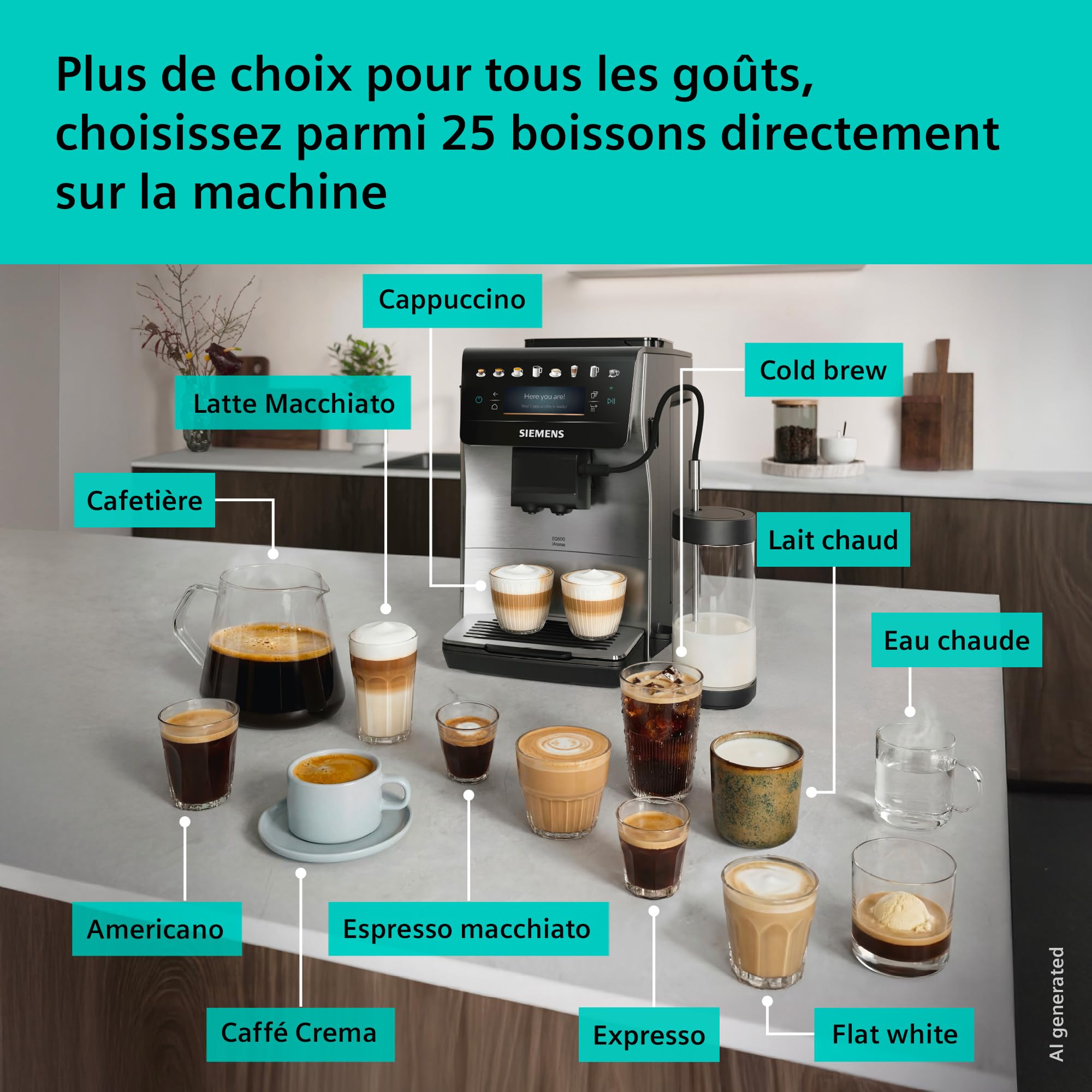 SIEMENS EQ600 iAroma, machine à café automatique avec broyeur, écran tactile et réservoir à lait, cafés et boissons lactées jusqu’à 480 ml, inox, TP605EM3