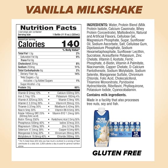 Pure Protein Vanilla Protein Shake, 30g Complete Protein, Vitamins A, C, D, and E plus Zinc to Support Immune Health, Ready to Drink and Keto-Friendly, 11oz Bottles, 12 Pack