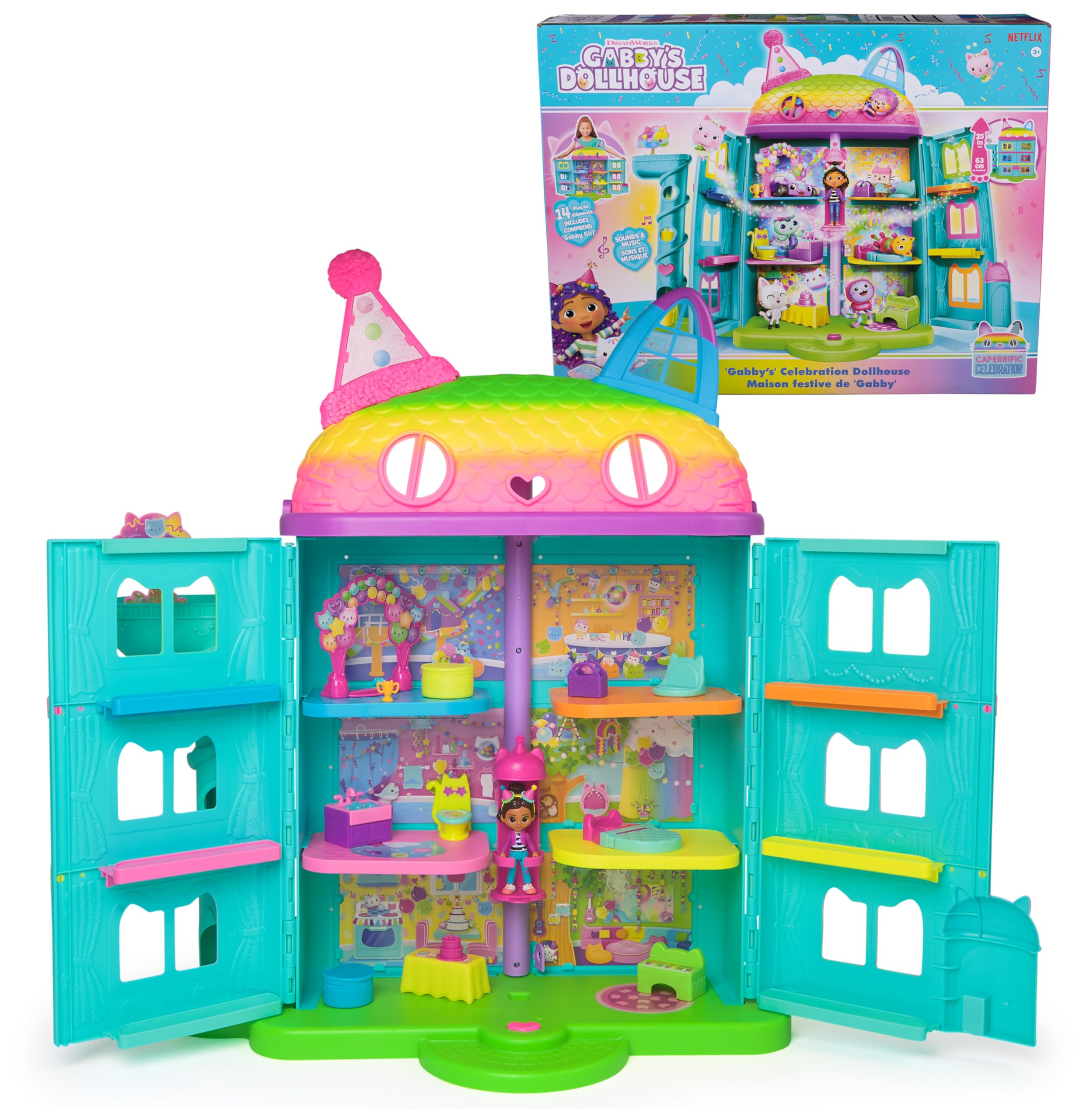 Gabby's Dollhouse, 15 Pc Celebration Dollhouse, 25-Inches Tall, with Toy Figures, Doll House Furniture & 10 Sounds, Kids Toys for Girls & Boys Ages 3+