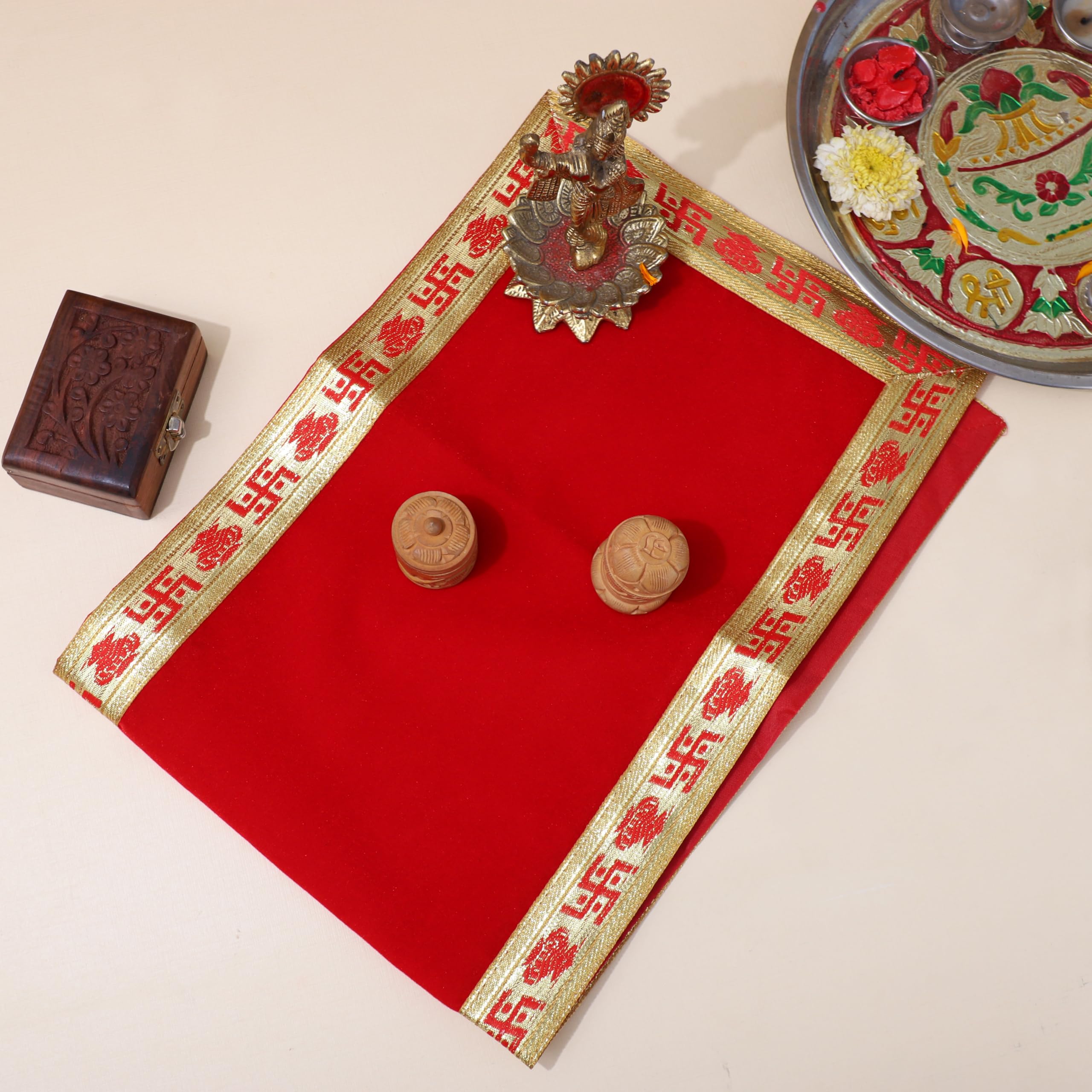Aasan Velvet baithak Assan Big Large Plain Velvet Pooja rumal Aasan Cloth/Chowki Kapda for Puja Table use for Puja Cloth Home Mandir Temple Item for Decoration (Red, 40/20 inches) 3