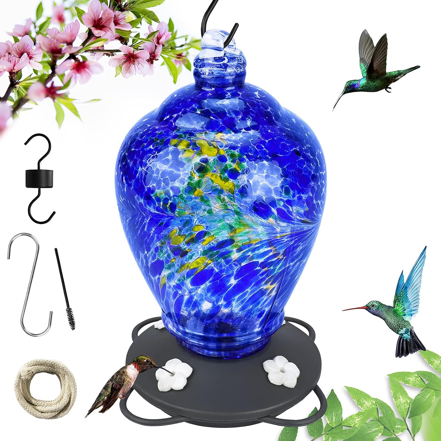 Ordenado Hummingbird Feeders for Outdoors, Hand Blown Glass Hummingbird Feeder with Perch, 28 Ounces Nectar Capacity, Hummingbird Feeders for Outside Hanging, Leakproof and Easy to Clean & Fill Blue