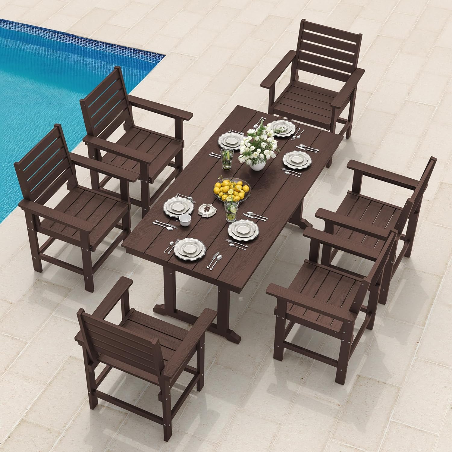 7 Piece Outdoor Dining Set, HDPS Patio Table and Chairs Set, 66" Patio Table with 1.96" Umbrella Hole & 6 Chairs, All Weather Furniture for Garden, Backyard, Poolside (Coffee Brown)