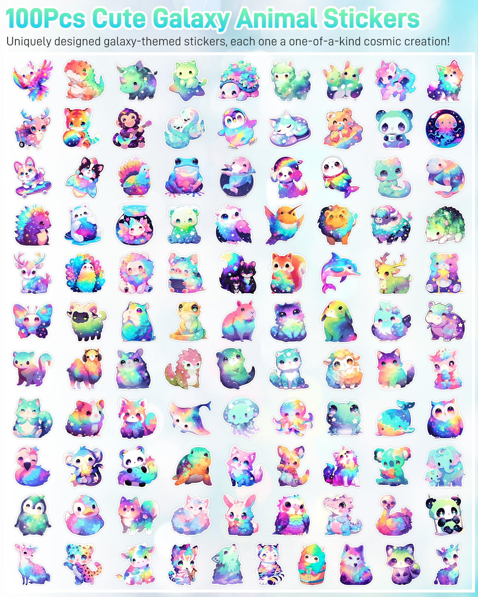 Zestaw 100 uroczych tęczowych naklejek ze zwierzętami, dla dzieci, dziewcząt, nastolatków, kawaii, wodoodporne winylowe naklejki na butelkę wody, estetyczna kreskówka zwierzę naklejka na laptopa