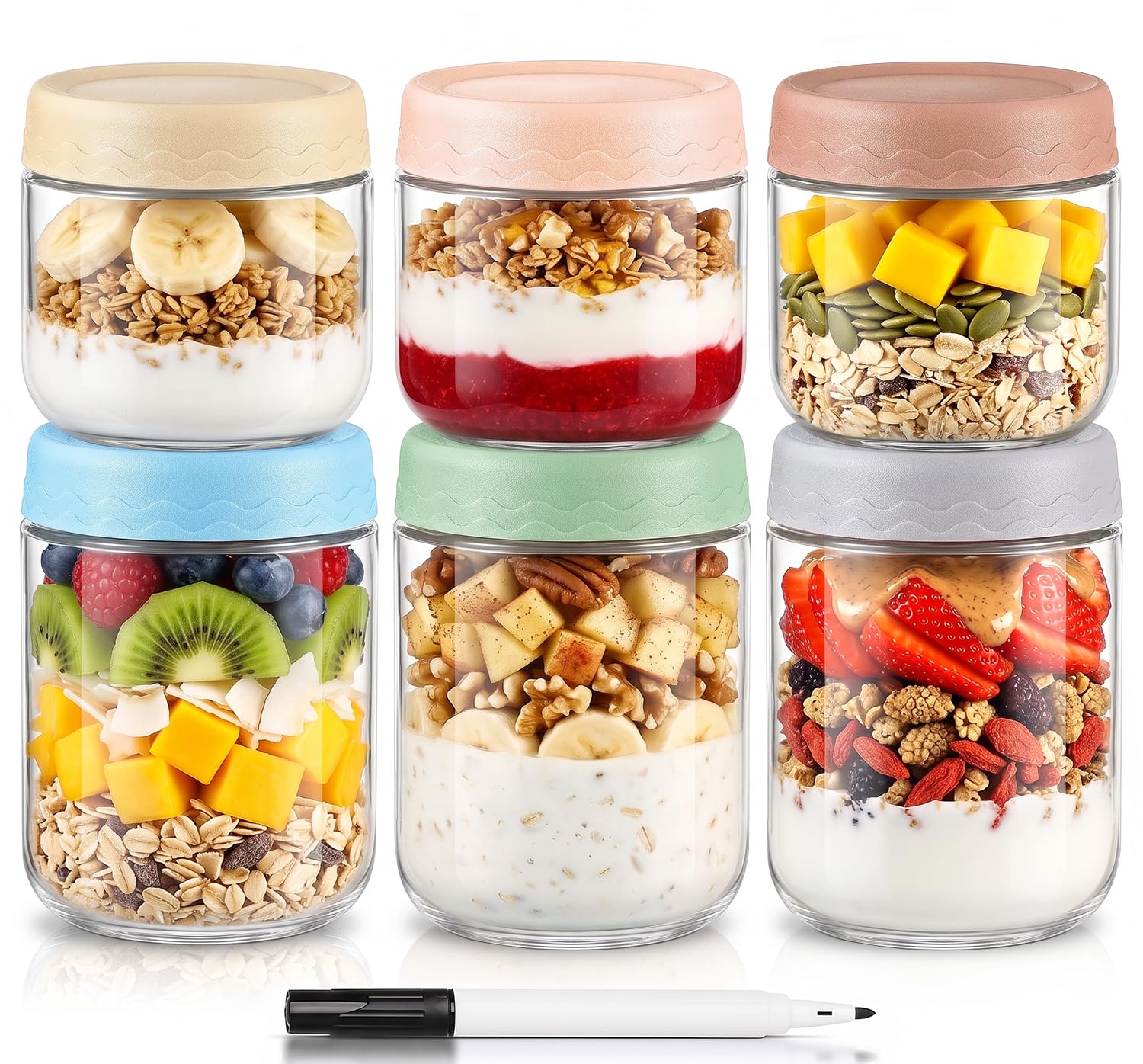 DRKIO 10 & 473 ml Haferbehälter mit Deckel – 6 Stück Vorratsdosen aus Glas mit luftdichtem Deckel, breite Öffnung, ideal für Mahlzeiten, Salat, Chia, Puddirg, Snacks, Joghurt, Zucker, Gewürze, Müsli