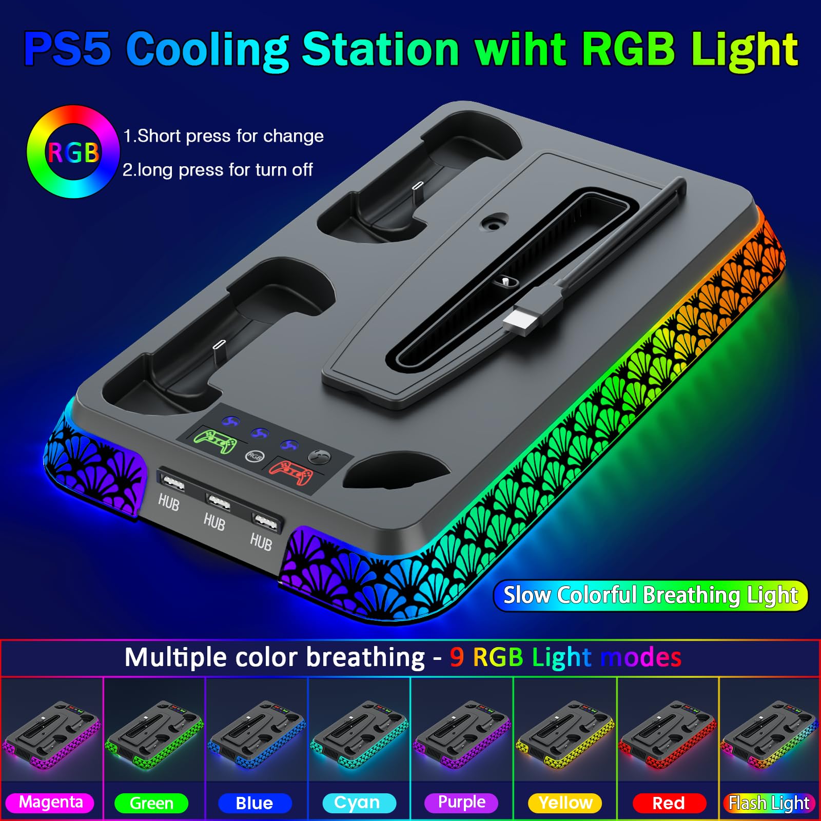 Supporto PS5/Slim/Pro e stazione di raffreddamento con controller LED stazione di ricarica per console PlayStation 5, accessori inclusi, caricabatterie controller, ventola di raffreddamento PS5