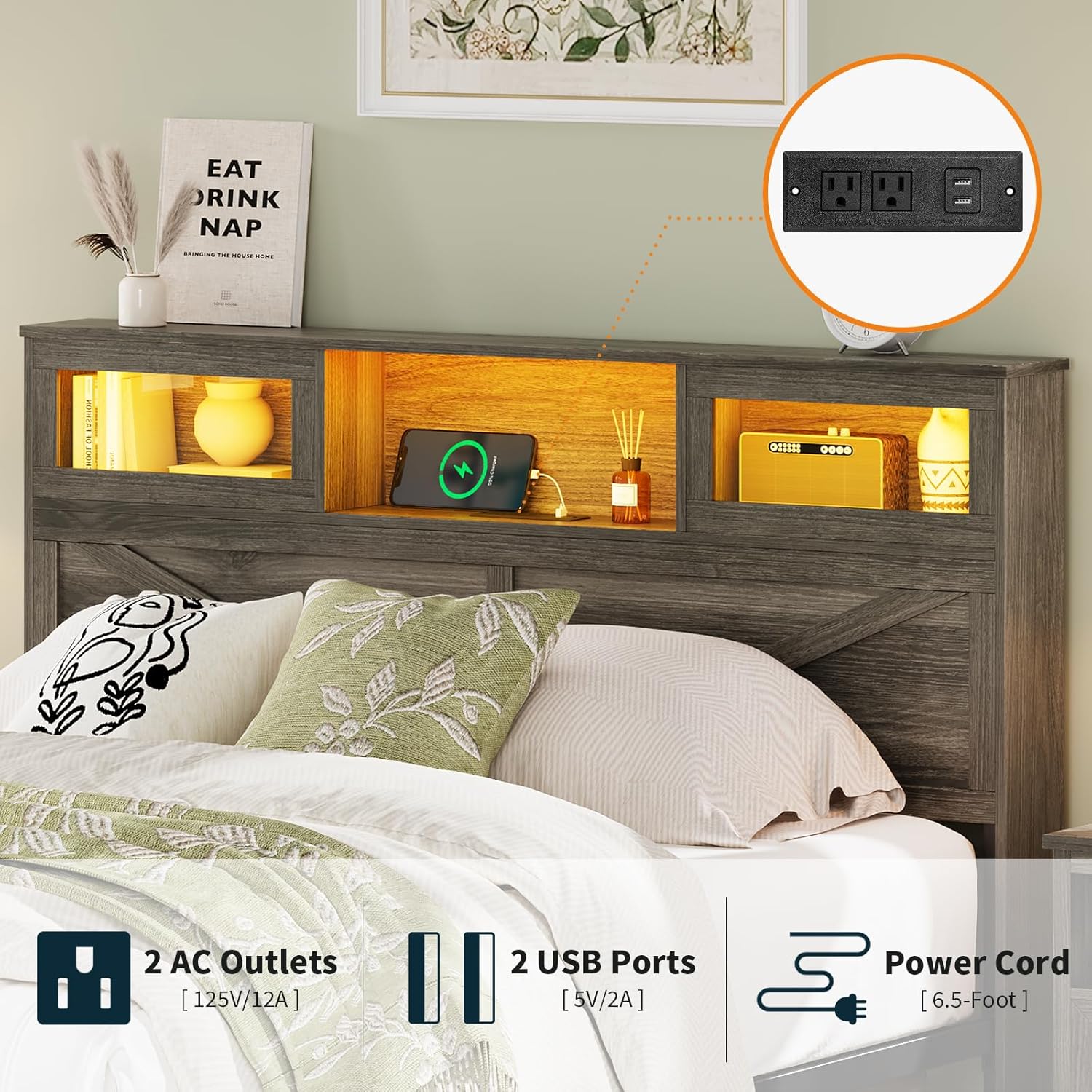 Yoobure Full Size Bed Frame with Headboard, Full Bed Frame with Charging Station, LED Beds with 2 Storage Drawers, Wood Farmhouse Bedframe, Noise-Free and No Box Spring Needed, Grey