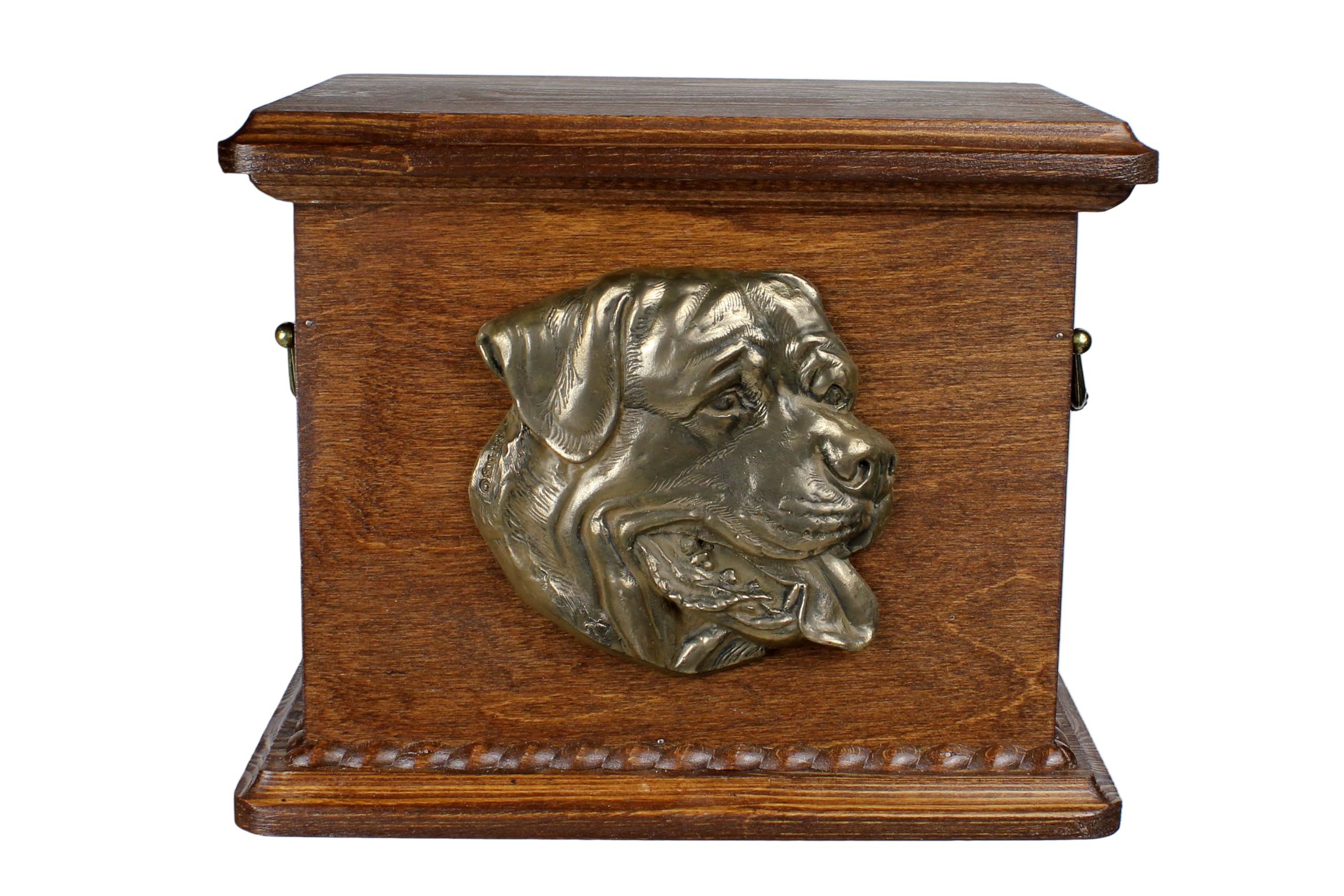 Art-Dog Urn for Dog Ashes - Handmade Memorial with Relief, Personalized Engraving, and Cold Cast Bronze Bust – Custom Pet Memorial Urn – 8.3x11.4x8.7” – Rottweiler