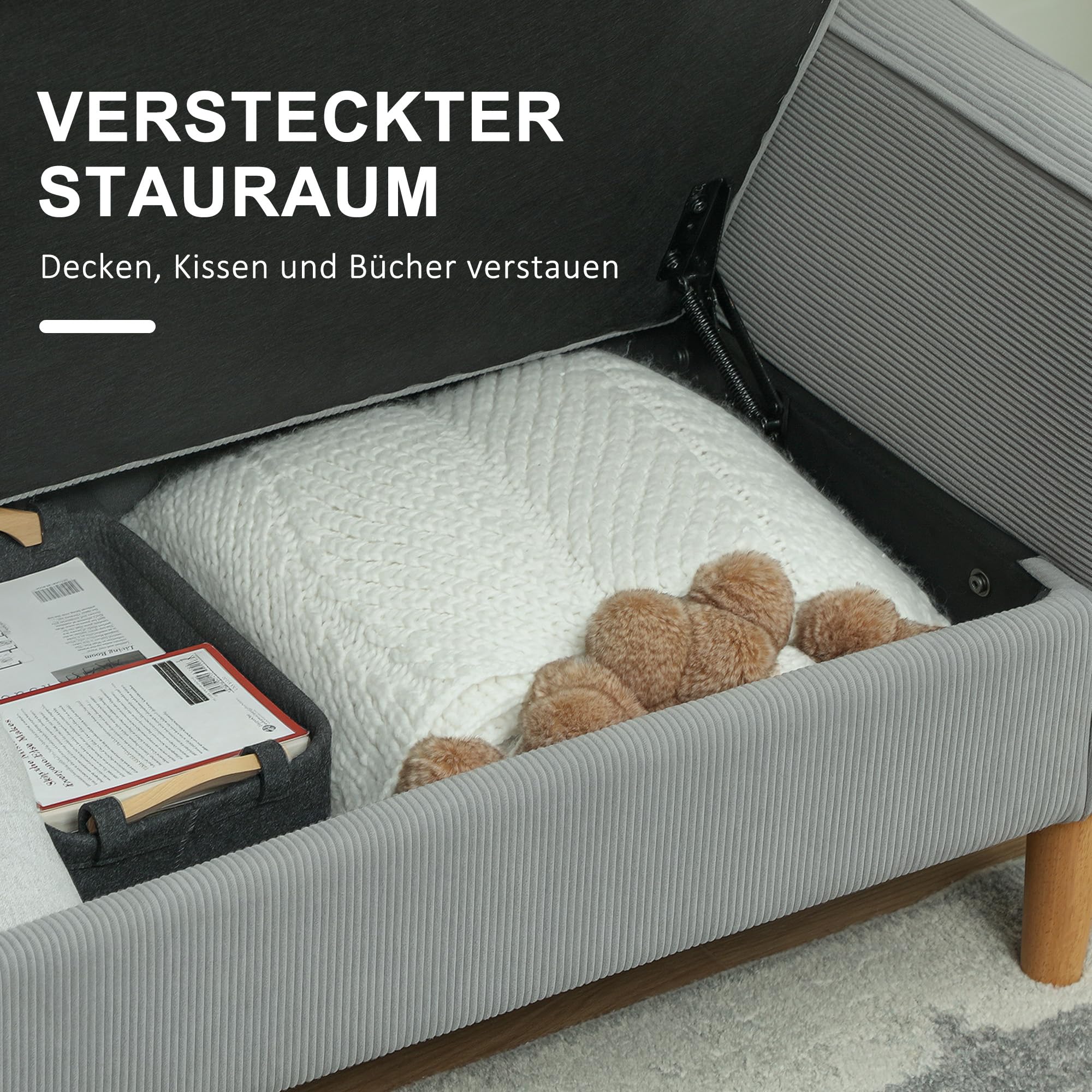 HOMCOM Sofa 2 Sitzer Couch mit 2 Armlehne Stauraum Hellgrau 117x63x79 cm | Kleine Loveseat, Cordoptik, Holzbeine, Modern Polstersofa, für Wohnzimmer, Schlafzimmer, Kleinen Raum