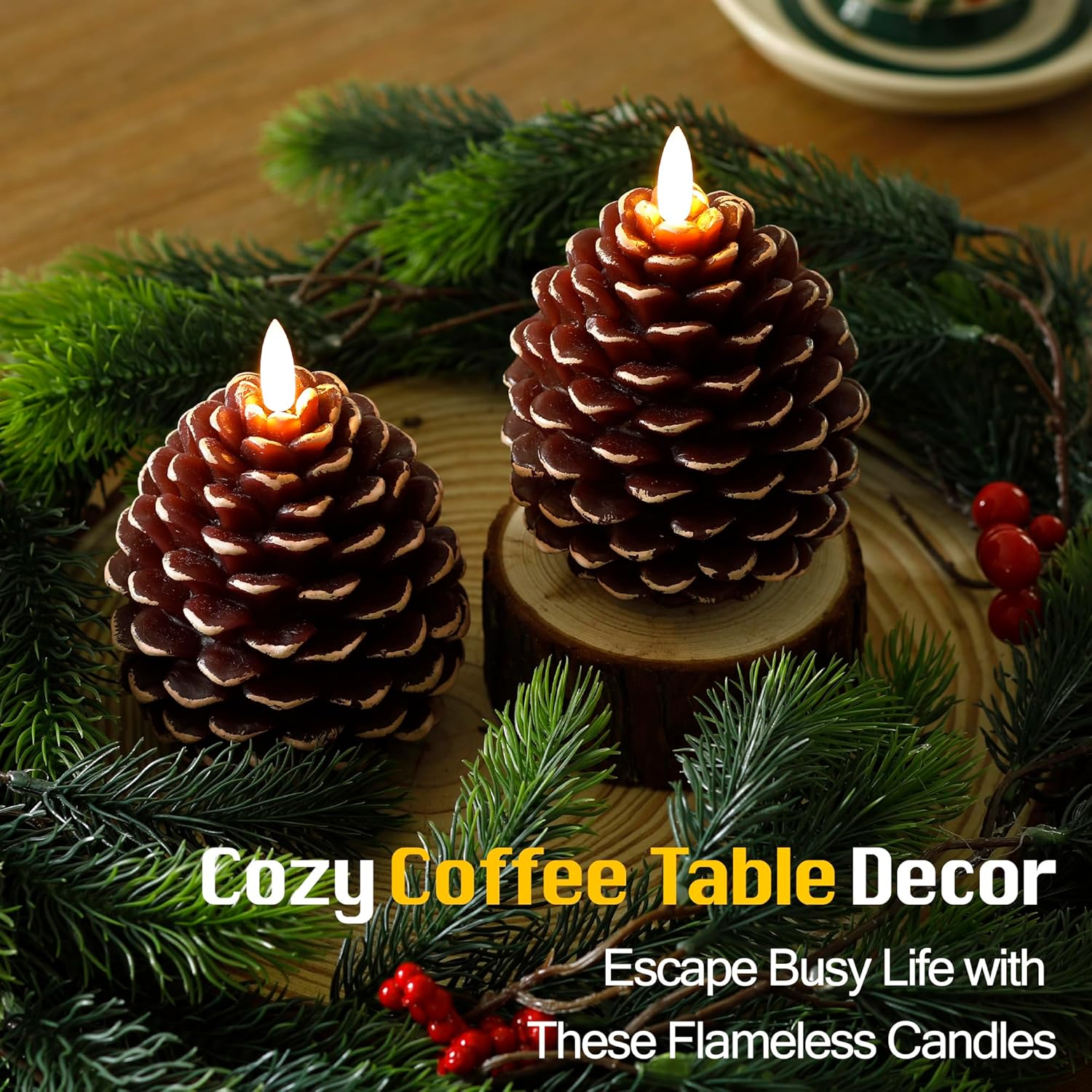 Christmas Flameless Pine Cone Candles with Remote Timer, Battery Operated Flickering Candles, LED Real Wax Pinecone for Christmas Home Decoration, Set of 2, Brown with White Glitter (5.5" X 4.1")