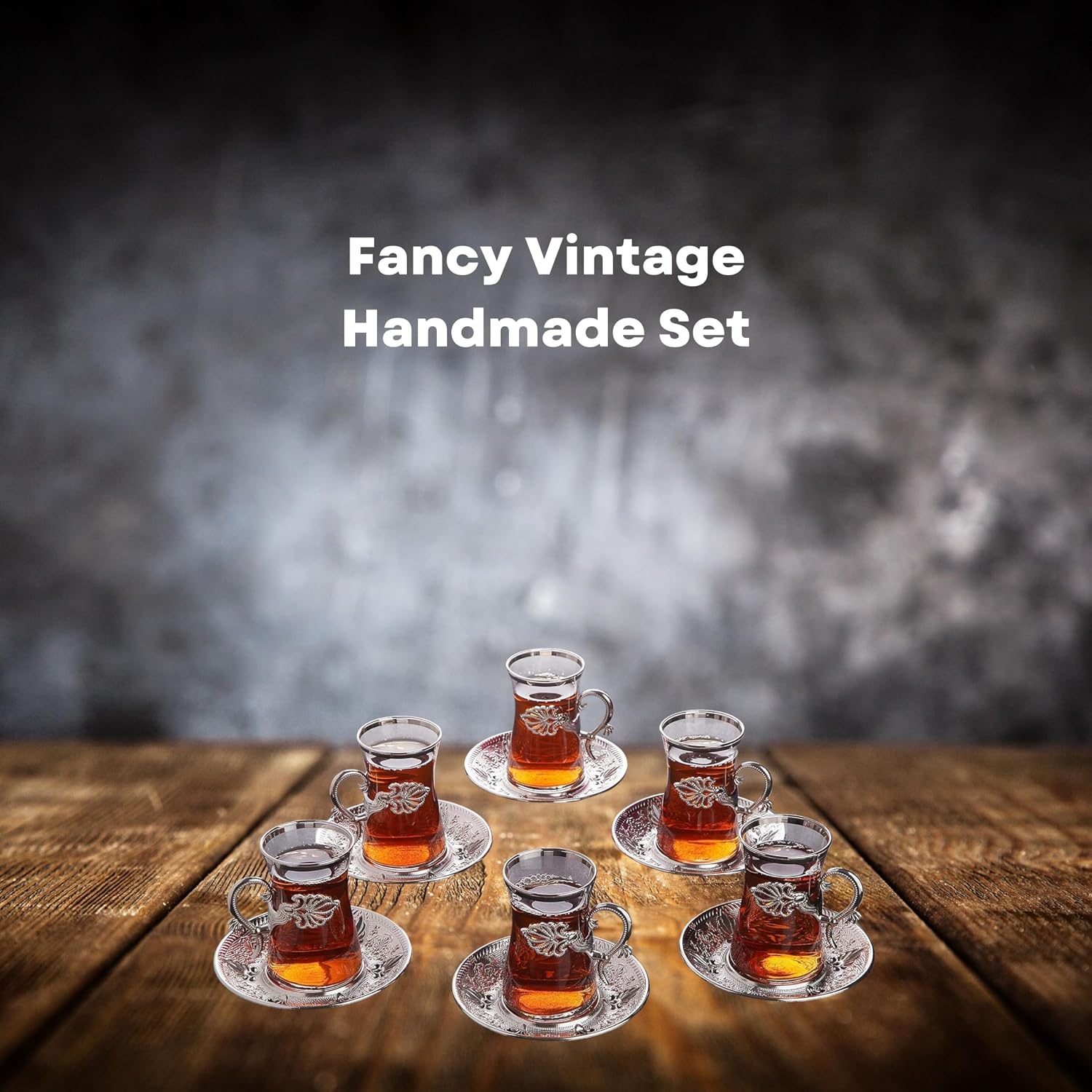 Vintage Handmade Turkish Tea Glasses with Saucer and Holders, Ottoman and Arabic Cups Set of 6 for Serving Guests, Teatime, Dinner, Housewarming Gifts, Events, Weddings, Tableware - Silver