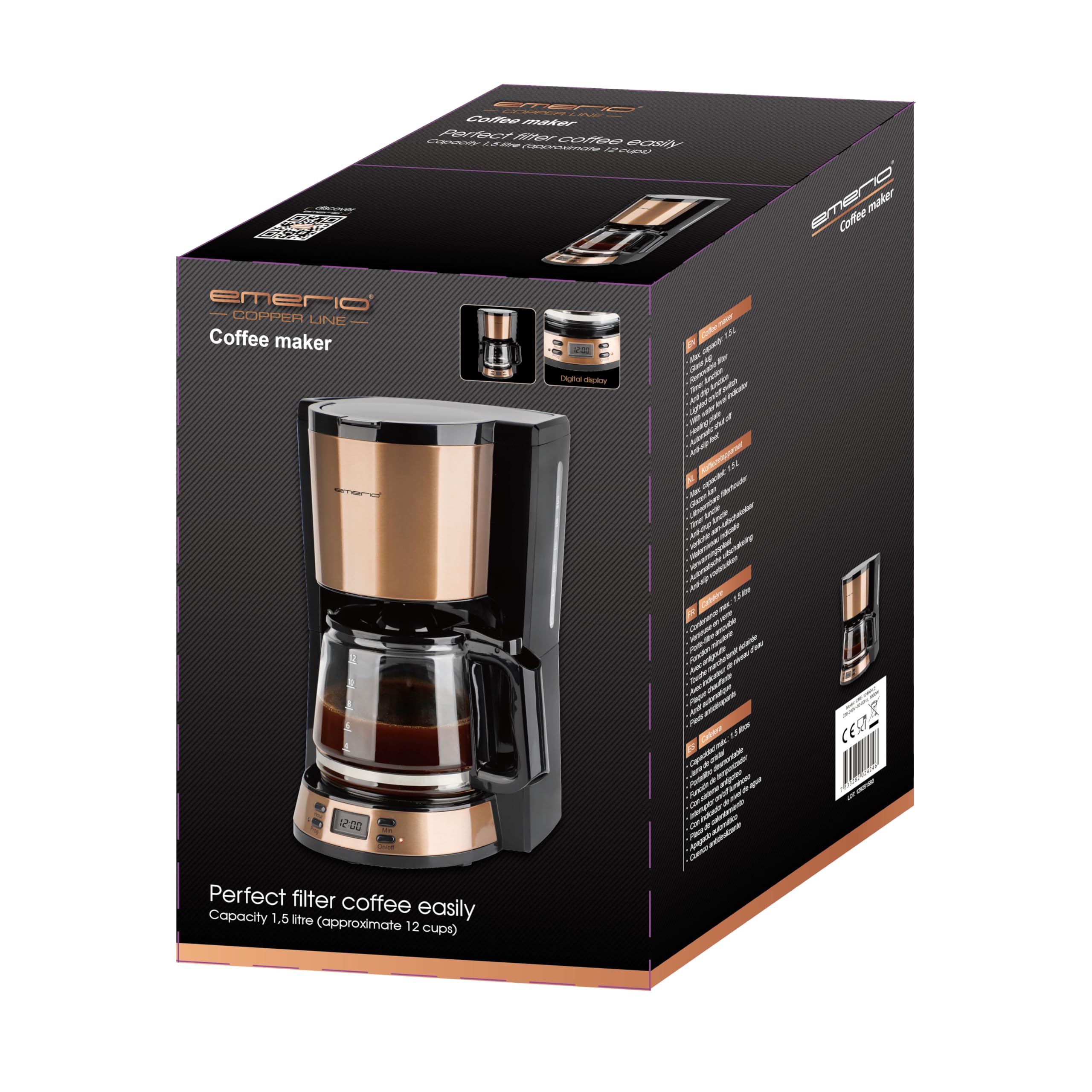 EMERIO Cafetera con filtro con temporizador y pantalla, diseño de cobre, jarra de cristal de 1,5 l para hasta 12 tazas de café fresco, filtro permanente extraíble, función antigoteo, 1000 W, CME