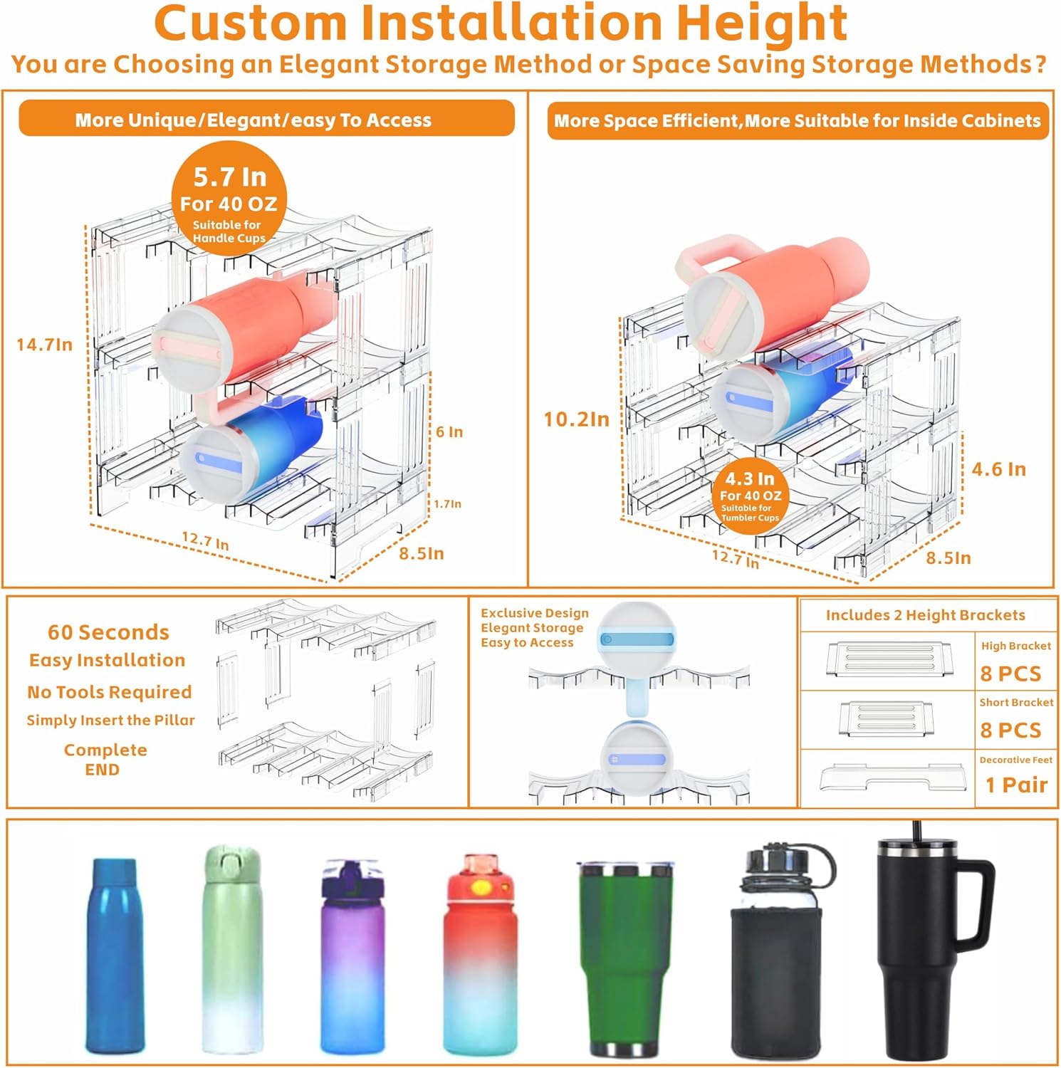 Yieach 3 Tier Stackable Water Bottle and Tumbler Organizer for Kitchen Cabinets,Large Waterbottle Holder and Cup Storage Organizer for 40 OZ Yeti,Owala or Stanley Cup Storage Rack With Handle Groove - Image 3