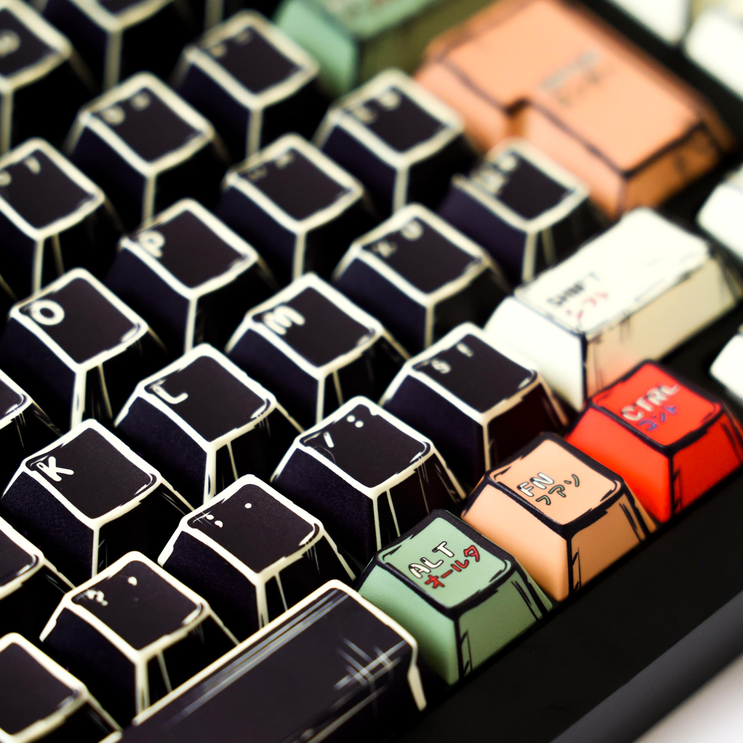 Black Manga Keycaps PBT AZERTY/QWERTY, Layout ISO & ANSI, 143 Touches, Épaisseur 1.8mm, Profil Cherry, Compatible MX Switch, FR/en/DE/ES, pour Clavier Mécanique/Magnétique, 60%/75%/100% (FR)