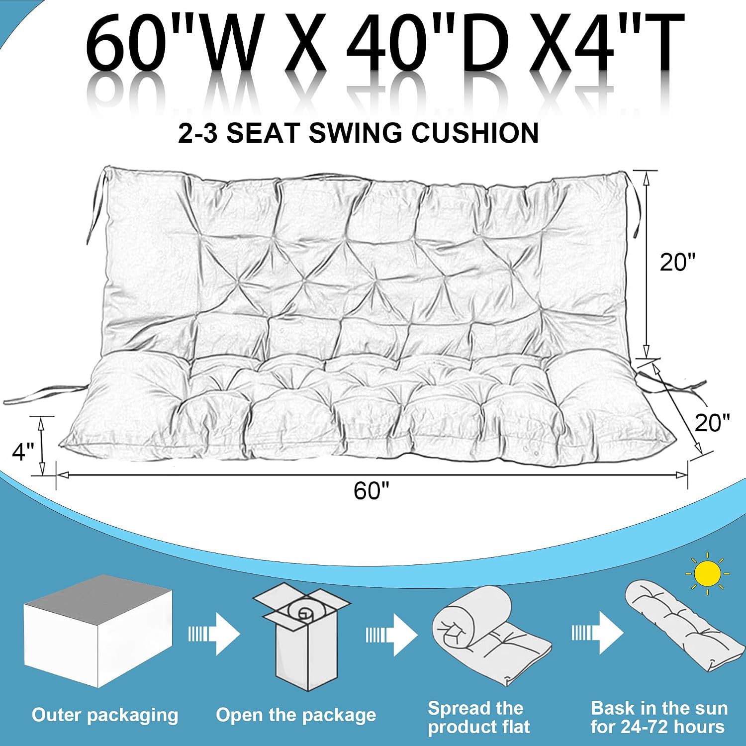 Porch Swing Cushions for Garden: Swing Replacement Cushions 2-3 Seater Waterproof Porch Bench Cushion with Ties - 4" Thick Patio Swing Cushion for Outdoor Furniture Chair Backyard