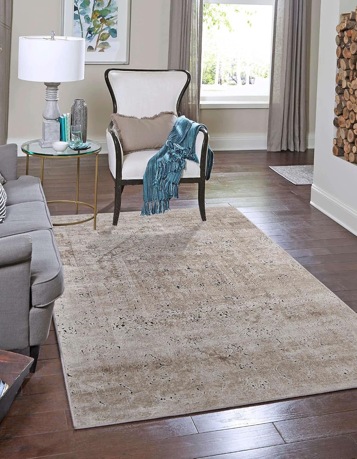 Unique Loom Chateau Collection Traditional, Vintage, Textured, Medallion, Distressed, Victorian Area Rug, 4 ft x 6 ft, Beige/Light Brown