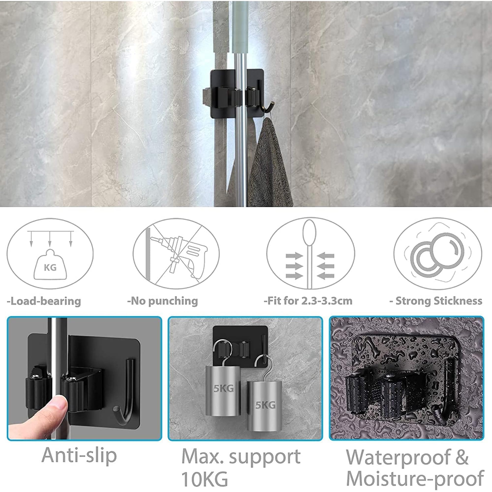 Sulfar 4pcs Broom and Mop Holder Wall Mounted - Steel Self Adhesive Stick Holder for Home Without Drilling (Black) 1