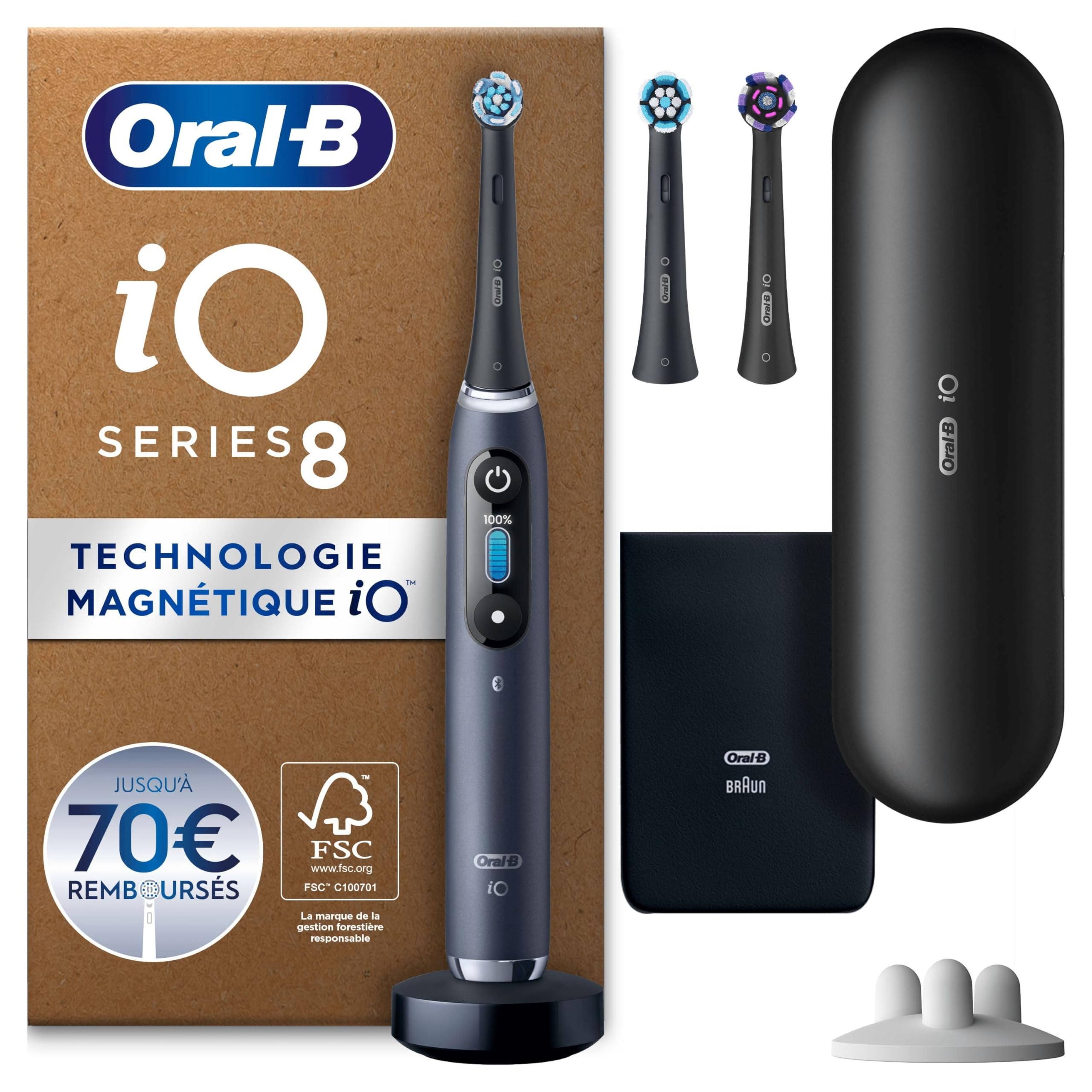 Oral-B iO 8 Brosse À Dents Électrique Noire, Un Capteur De Pression Pour Protéger Les Gencives Sensibles, Des Accessoires, 2 Brossettes De Rechange, 1 Chargeur, 1 Étui De Voyage, Emballage En Carton