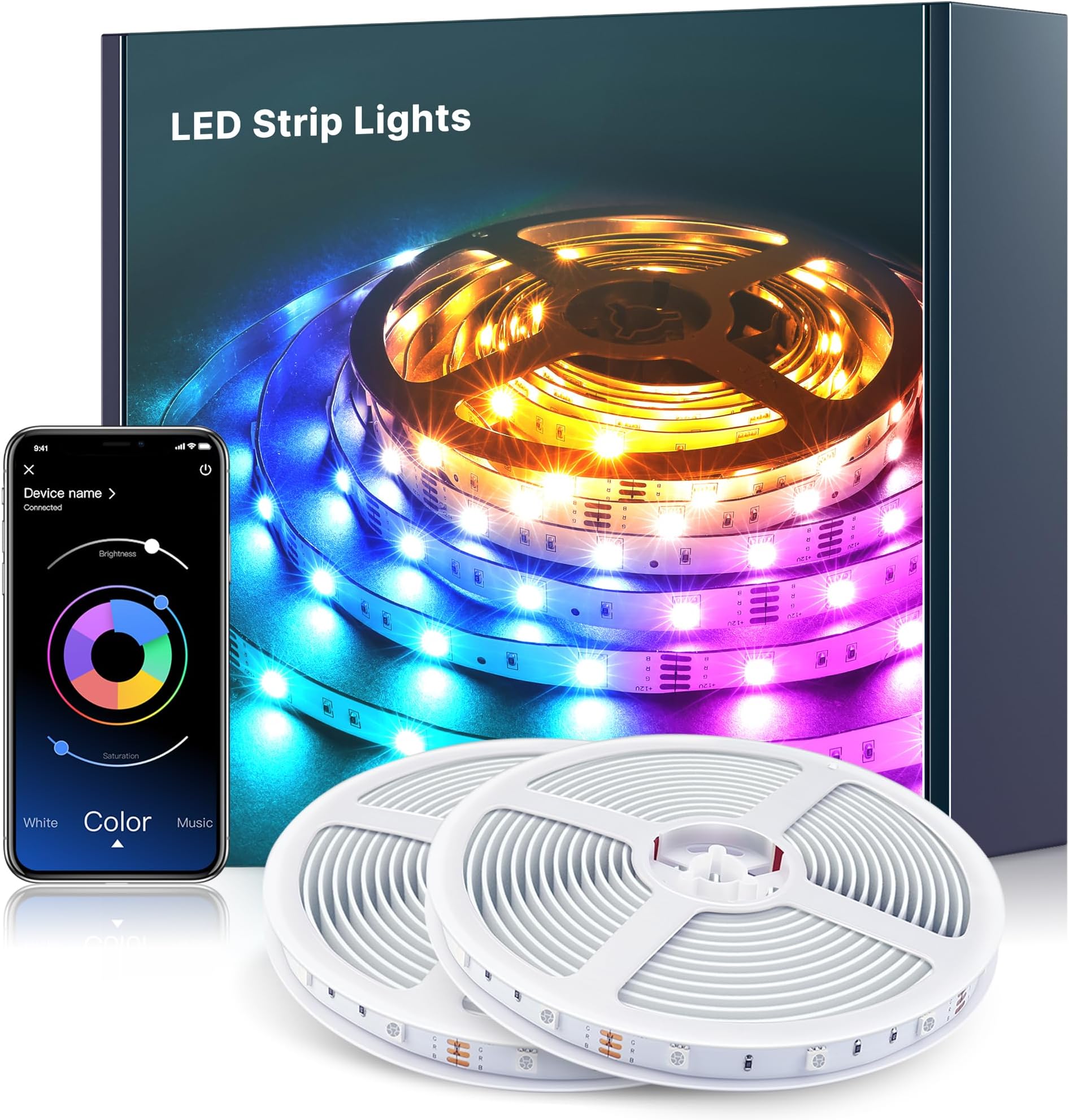 Mexllex LED Strip Lights 40M Music Sync Color Changing RGB LED Strip with Remote & App Control, Built-in Mic, RGB Rope Lights