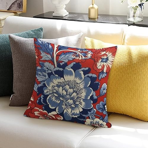 Miniatura 5 de Funda de almohada floral china roja y azul inspirada en Asia, funda de cojín de 20 x 20 pulgadas, funda de almohada decorativa antigua, decoración