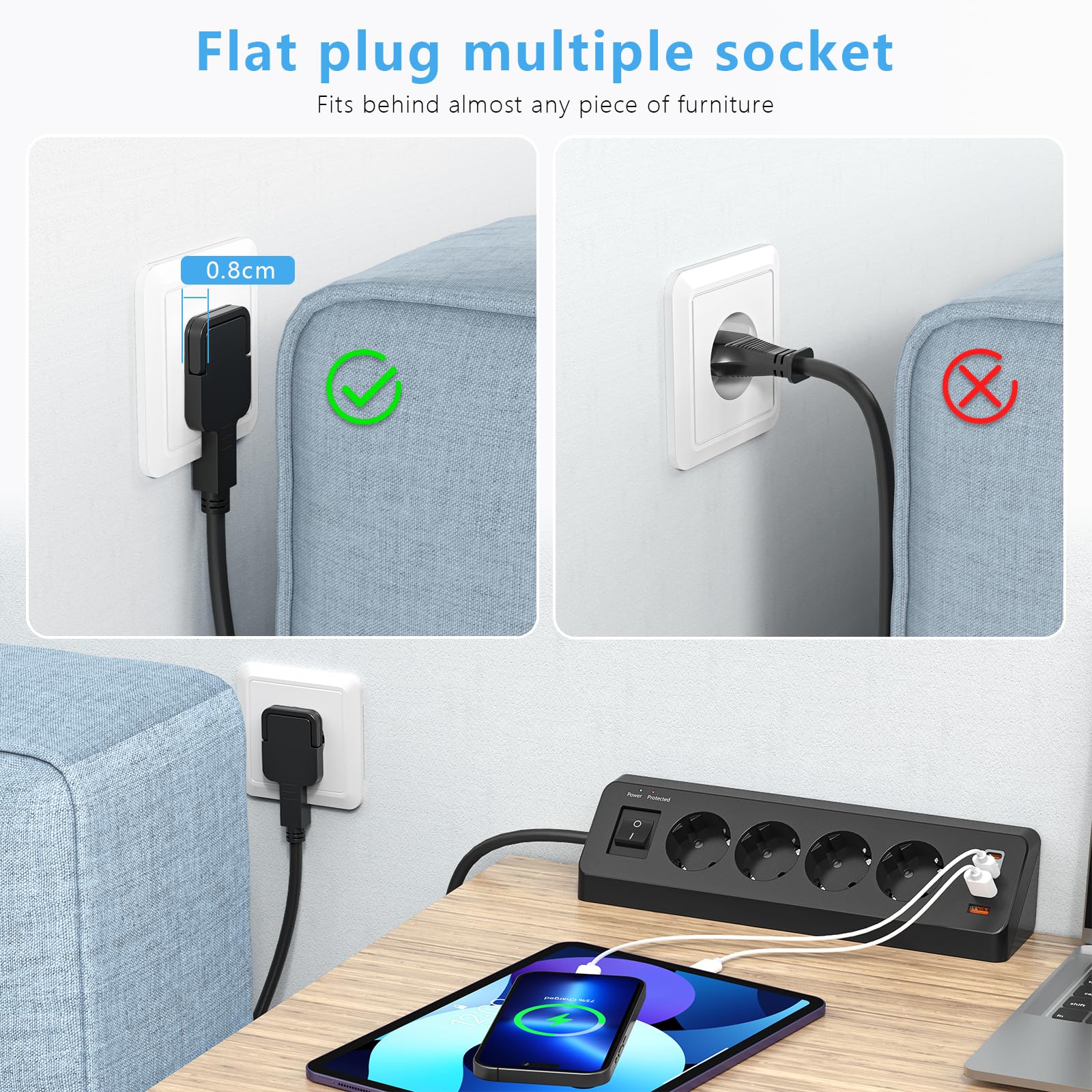 Prise d'angle 4 Compartiments avec USB C(PD 20W), SUDEERY multiprise 8 en 1 4 Prises USB Multiples avec Interrupteur, multiprise avec Protection Contre Les surtensions avec câble 2M pour la Cuisine