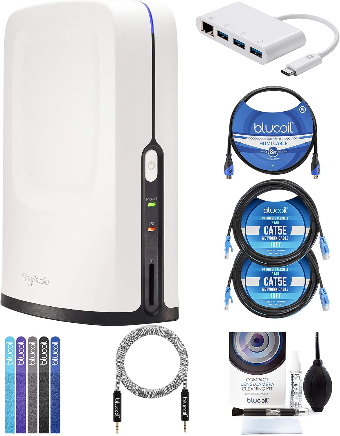 SlingStudio Hub - Wireless Switcher and Live Recording Device Bundle with 8" Bi-Color Ring Light, Blucoil DSLR Camera Cleaning Kit, USB Hub Type-A, 8-FT HDMI Cable, and 5-Pack of Reusable Cable Ties