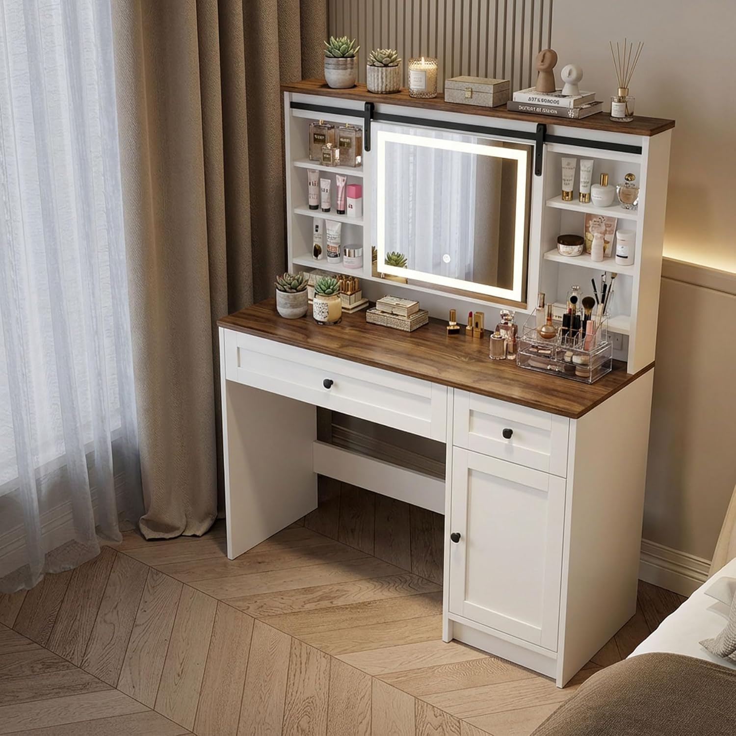 Farmhouse Lighted Vanity Desk with Sliding Mirror, 3 Color Lighting & Power Outlet, White Makeup Vanity with Storage Drawers/Shelves for Bedroom, 42" W×15.75" D×54.72" H