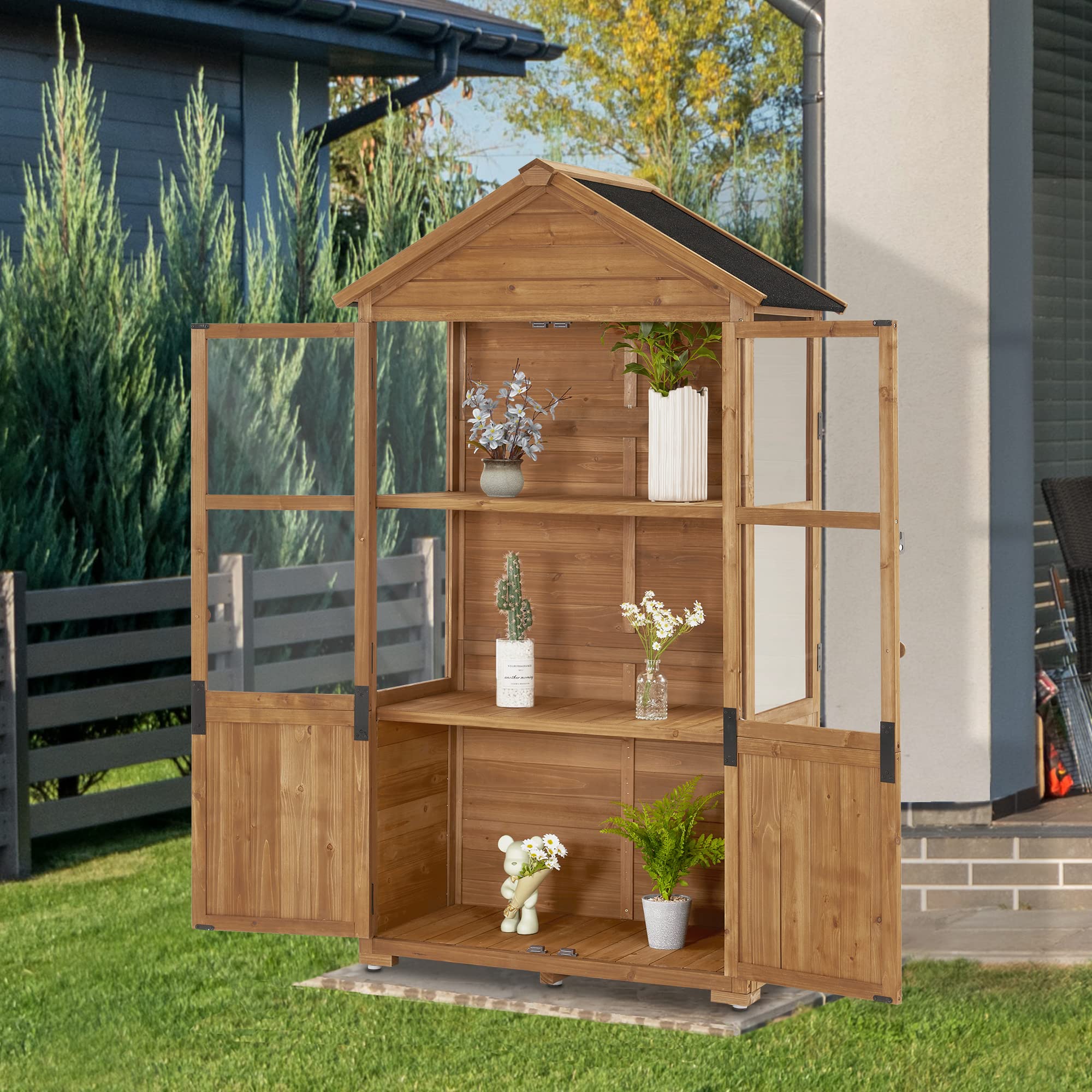 M MCombo Gartenschrank Holz Klein, Outdoor Gartenhaus Gerätehaus Wetterfest, 100 × 53 × 178 cm