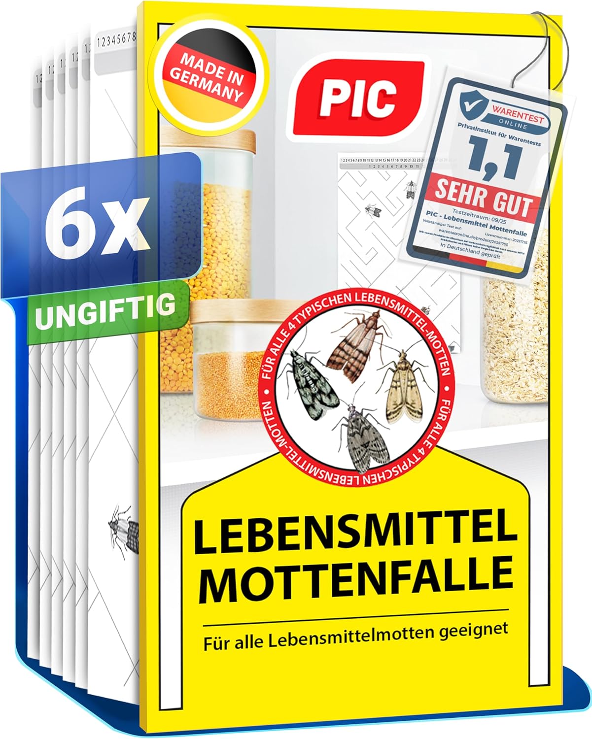 PIC Lebensmittelmotten Falle - 6 Lebensmittelmottenfallen - Mottenfalle mit Pheromon für ideale Wirkung - Mottenfalle Lebensmittel - Effektive Klebefallen zur Befallsermittlung von Lebensmittelmotten
