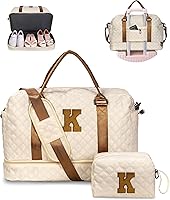 Personalized Initial K Duffle Bag for Women - Weekender Overnight Bag with Shoe Compartment, Wet Pocket, Trolley Sleeve & Makeup Bag