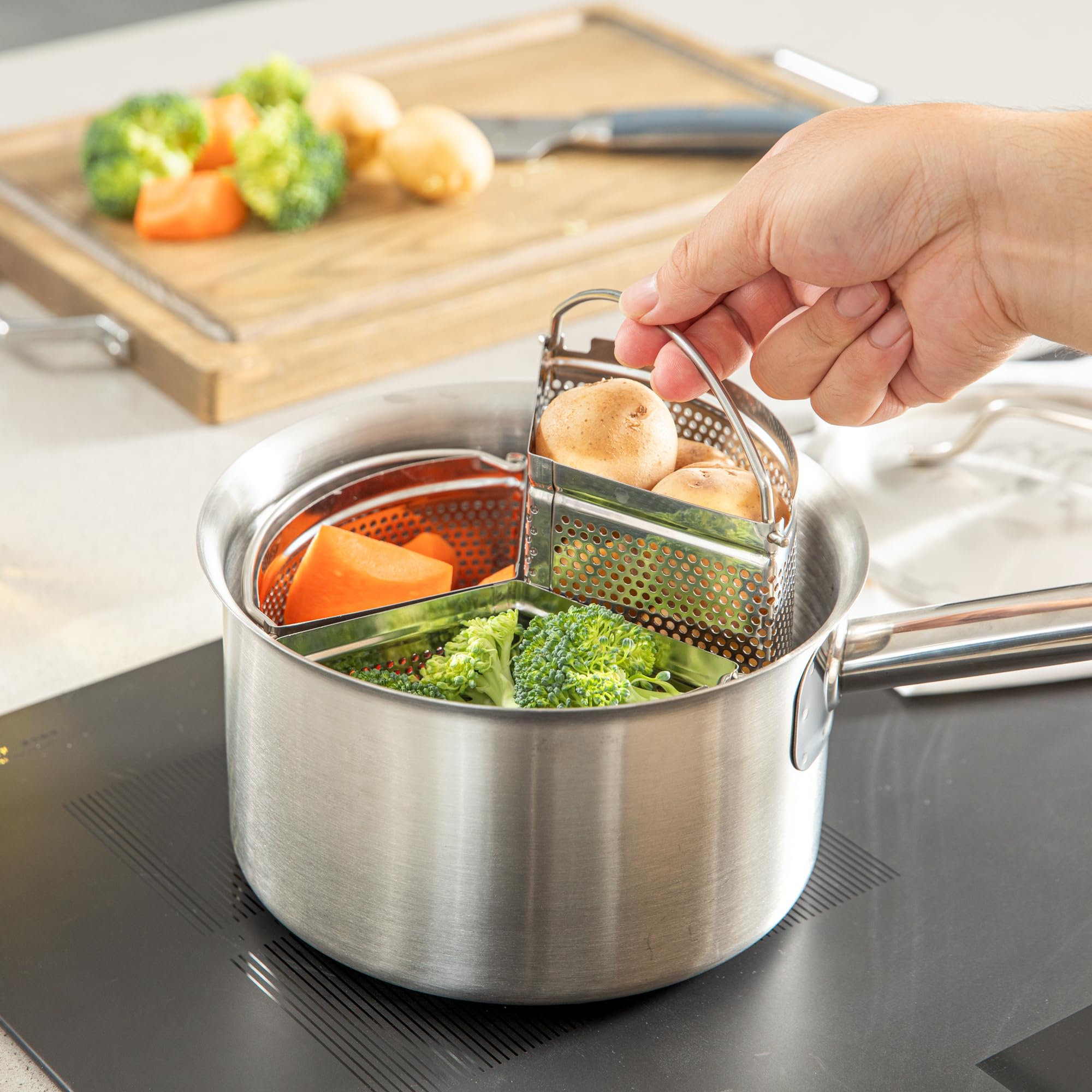 Restaurantware Cestello per cottura a vapore per pentola a vapore 3 pezzi separatore trio in acciaio inox divisore per cottura di verdure, gnocchi, uova, frutti di mare, pasta, pentola a pressione