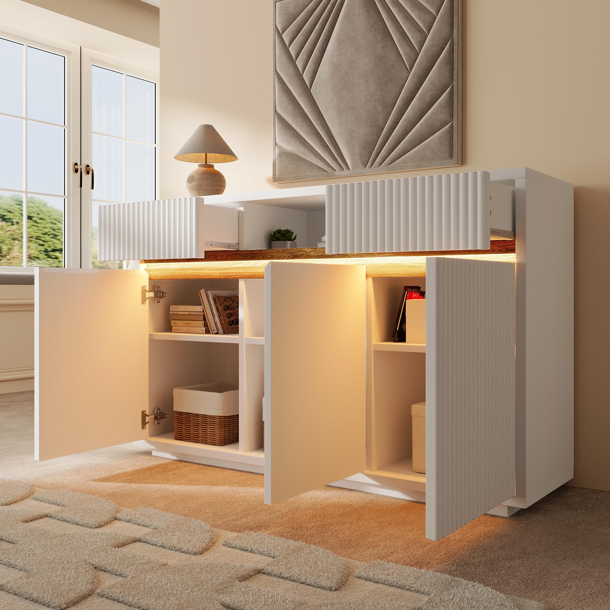 Kredens biały z diodami LED 140 x 40 x 85 cm, komoda z 2 szufladami i 3 drzwiami, szafka z regulowanymi półkami, nowoczesna szafka do salonu, korytarza, szafki kuchenne