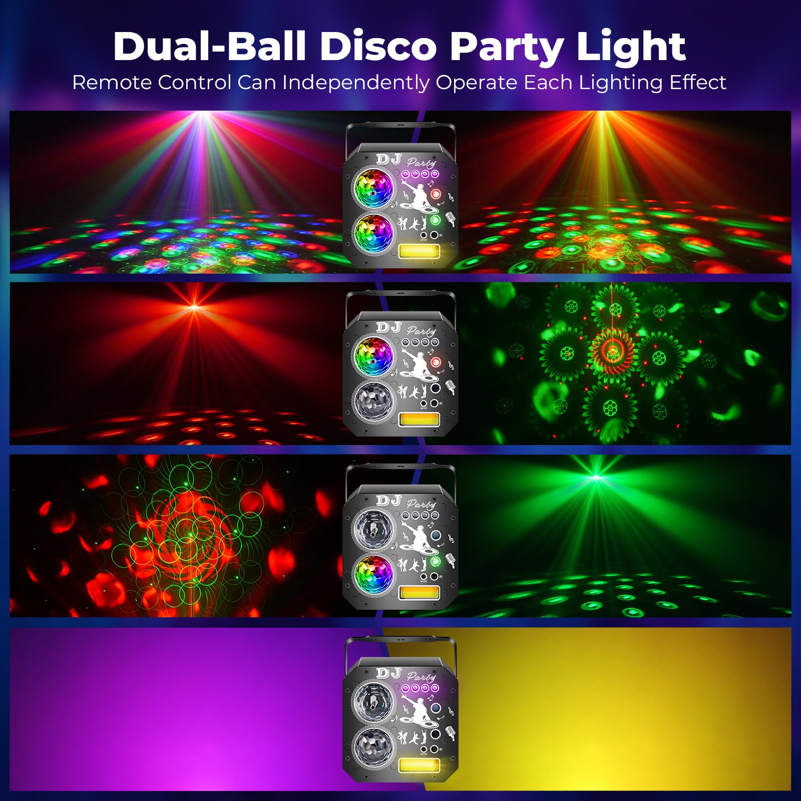 Kula dyskotekowa 7 w 1, światło dyskotekowe, światło imprezowe z podwójnymi kulkami, sterowane muzyką, światło DJ, światło dyskotekowe RGB LED, efekt UV, obracająca się kula dyskotekowa do