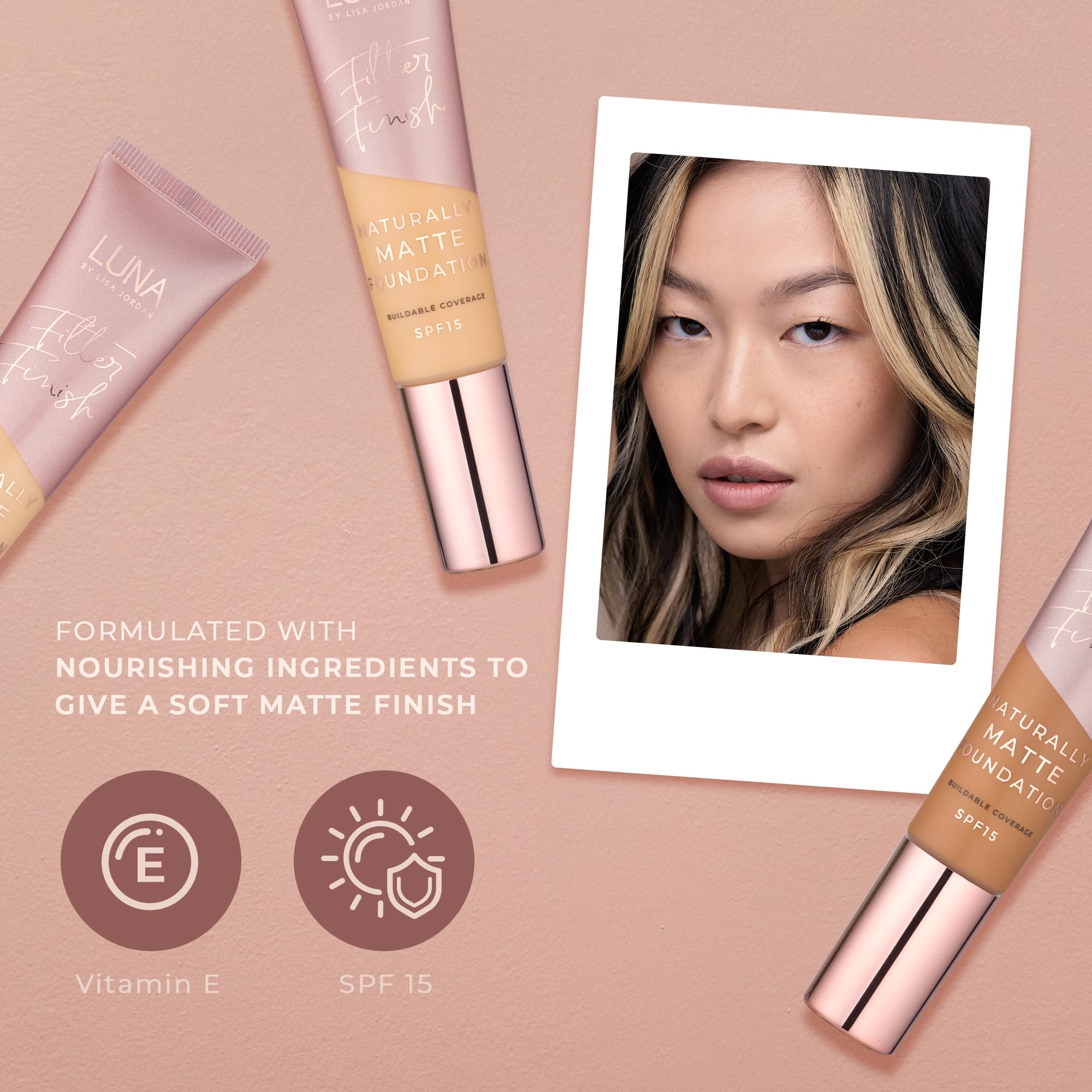 LUNA Matte Foundation in BEIGE Shade, Contains Vitamin E and SPF15, Oil-Free Face Foundations with Golden, Olive Undertone - Image 4