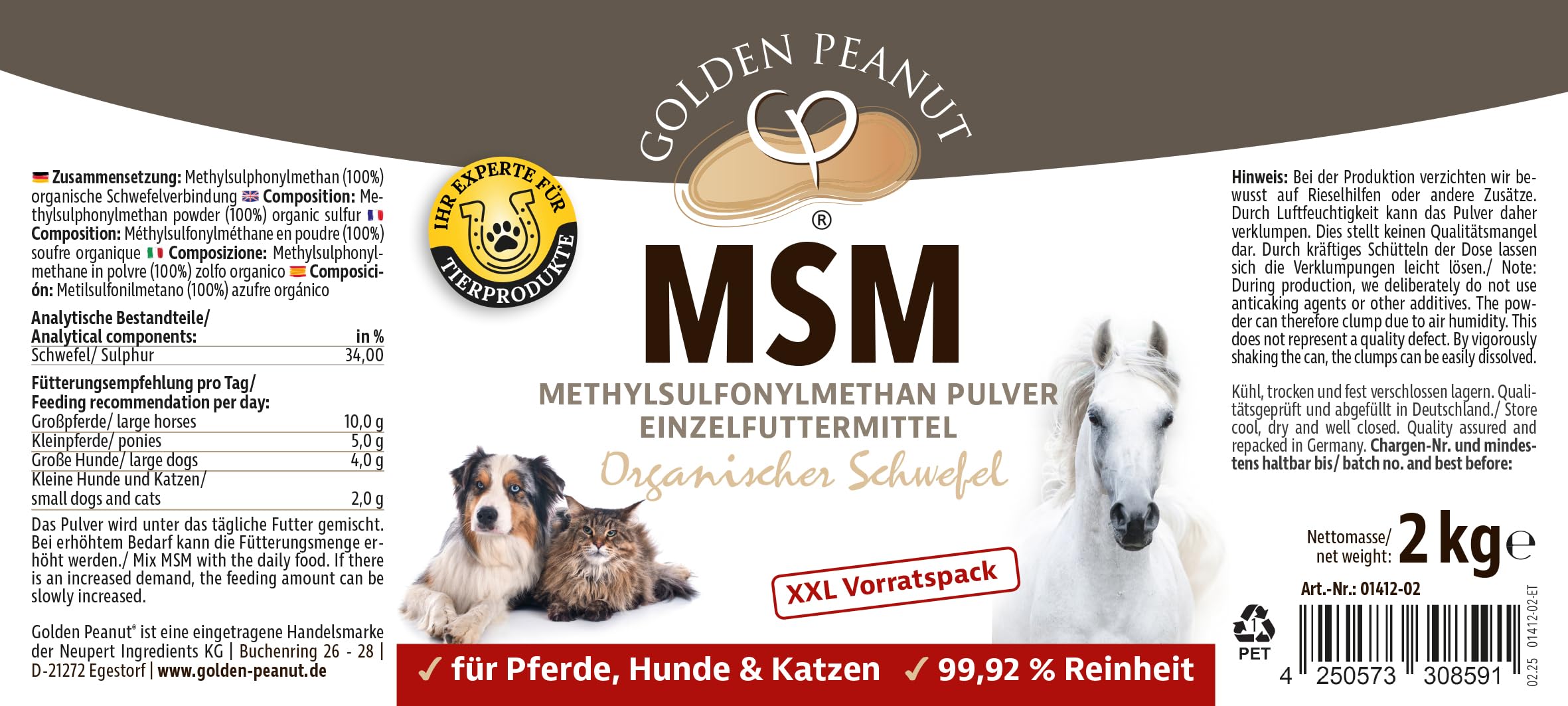 GOLDEN PEANUT MSM Methylsulfonylmethan Pulver 2 kg für Tiere, Reinheitsgrad 99,92%, organische Schwefelverbindung, ohne Rieselhilfen