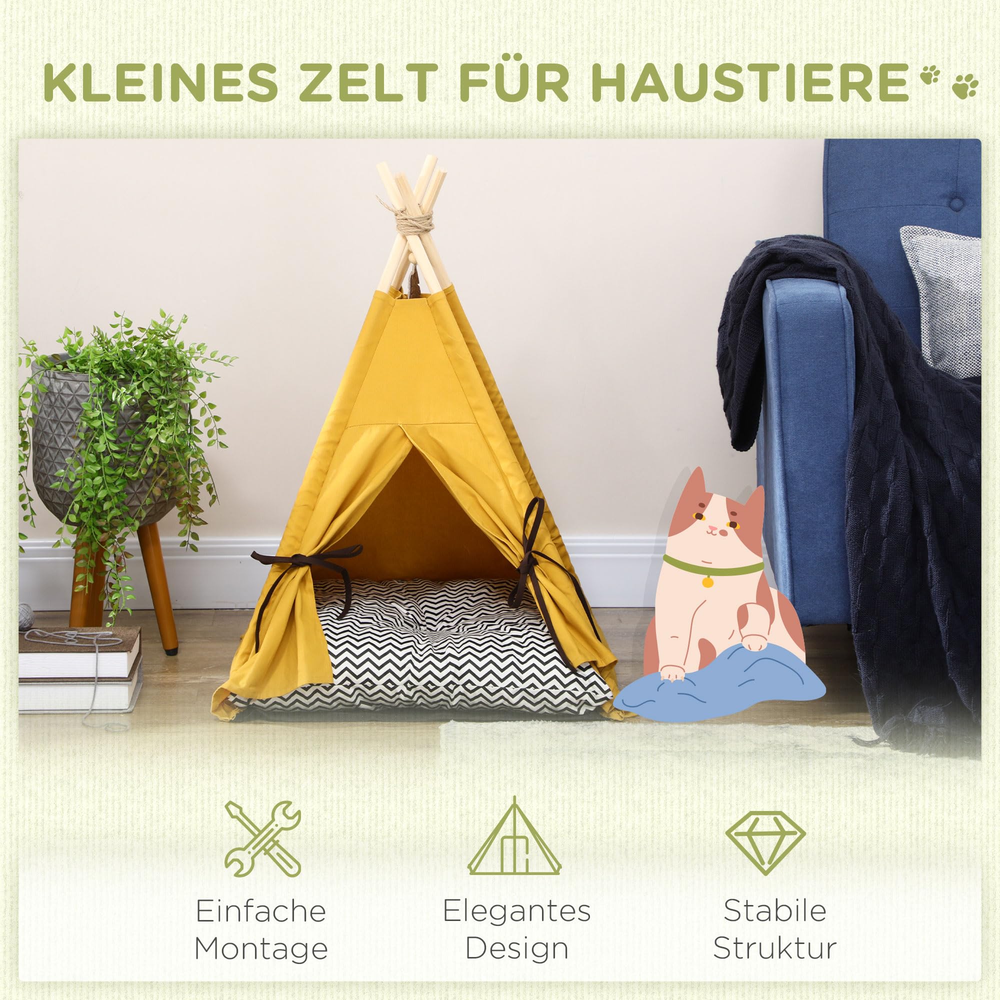 PawHut Namiot tipi dla kotów do 5 kg 60x60x76 cm Żółty | Namiot tipi dla kota z wyjmowaną pralną poduszką, antypoślizgowe dno, piłka, dla małych psów