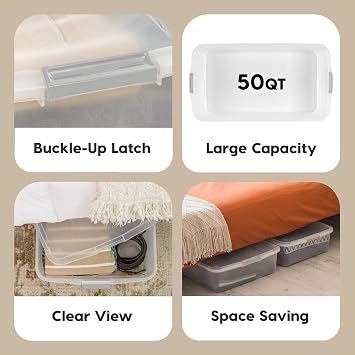 IRIS USA 50 Qt. Long Under Bed Storage Bin with Lids, Clear