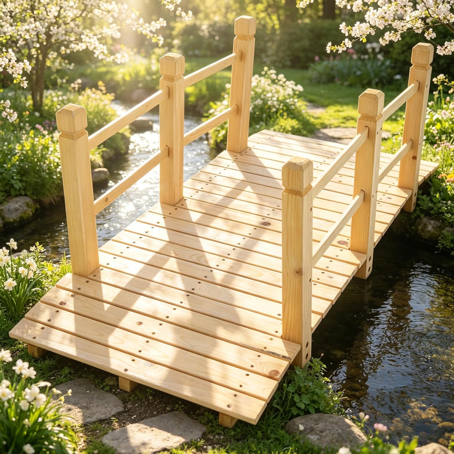 5 ft Garden Bridge Wooden Bridges for Outdoors, Classic Arch with Safety Rails Stained Finished Footbridge, Garden Decor Pond Landscaping, Creek or Far, Backyard Decoration, Wood