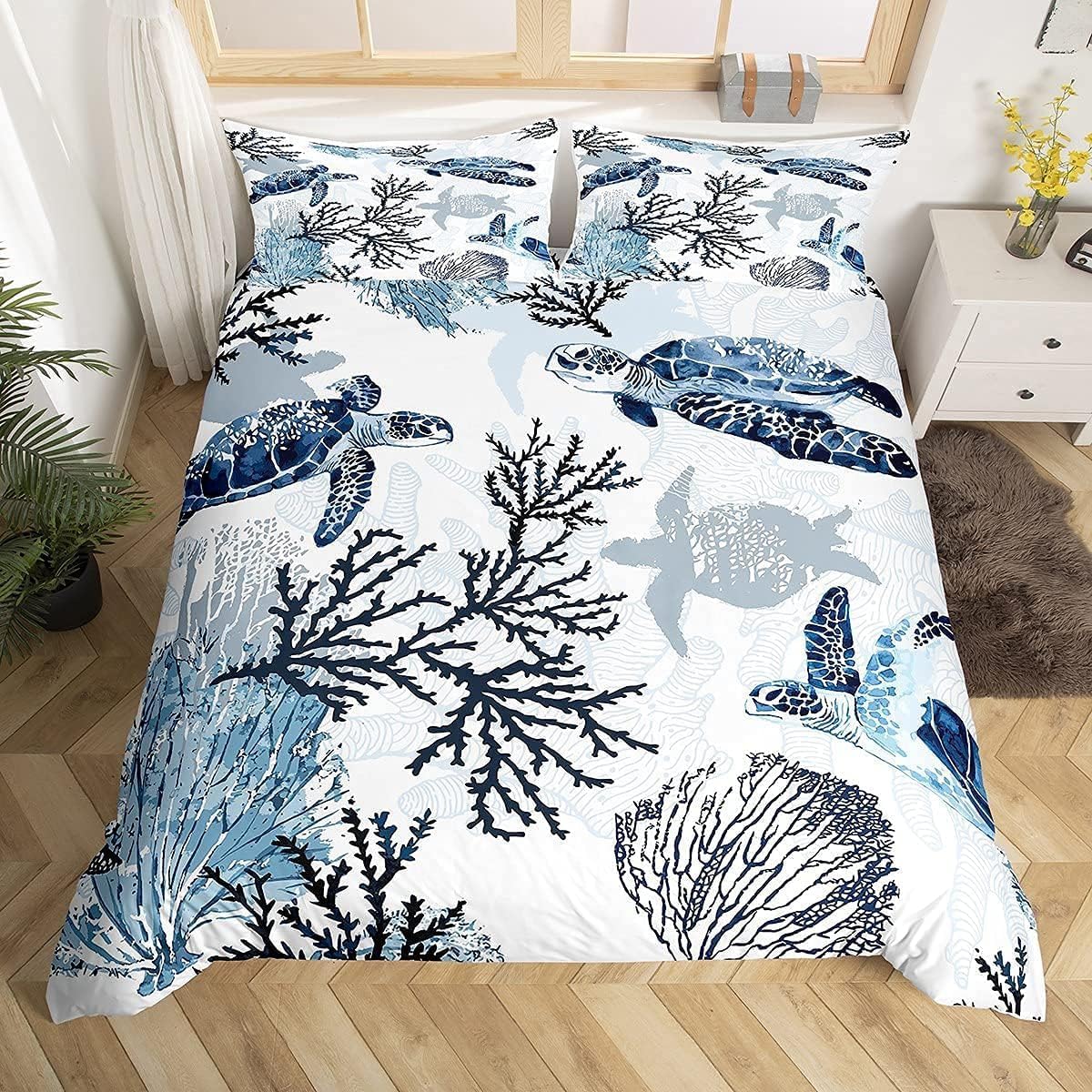 Turtle Bedding Set Full Nautical Coastal Bedding,White Blue Sea Turtle Comforter Cover for Kids Boys Girls,Reptile Tortoise Duvet Cover Ocean Beach Theme Quilt Cover Kawaii Sea Animal Bedspread Cover Blue White Full
