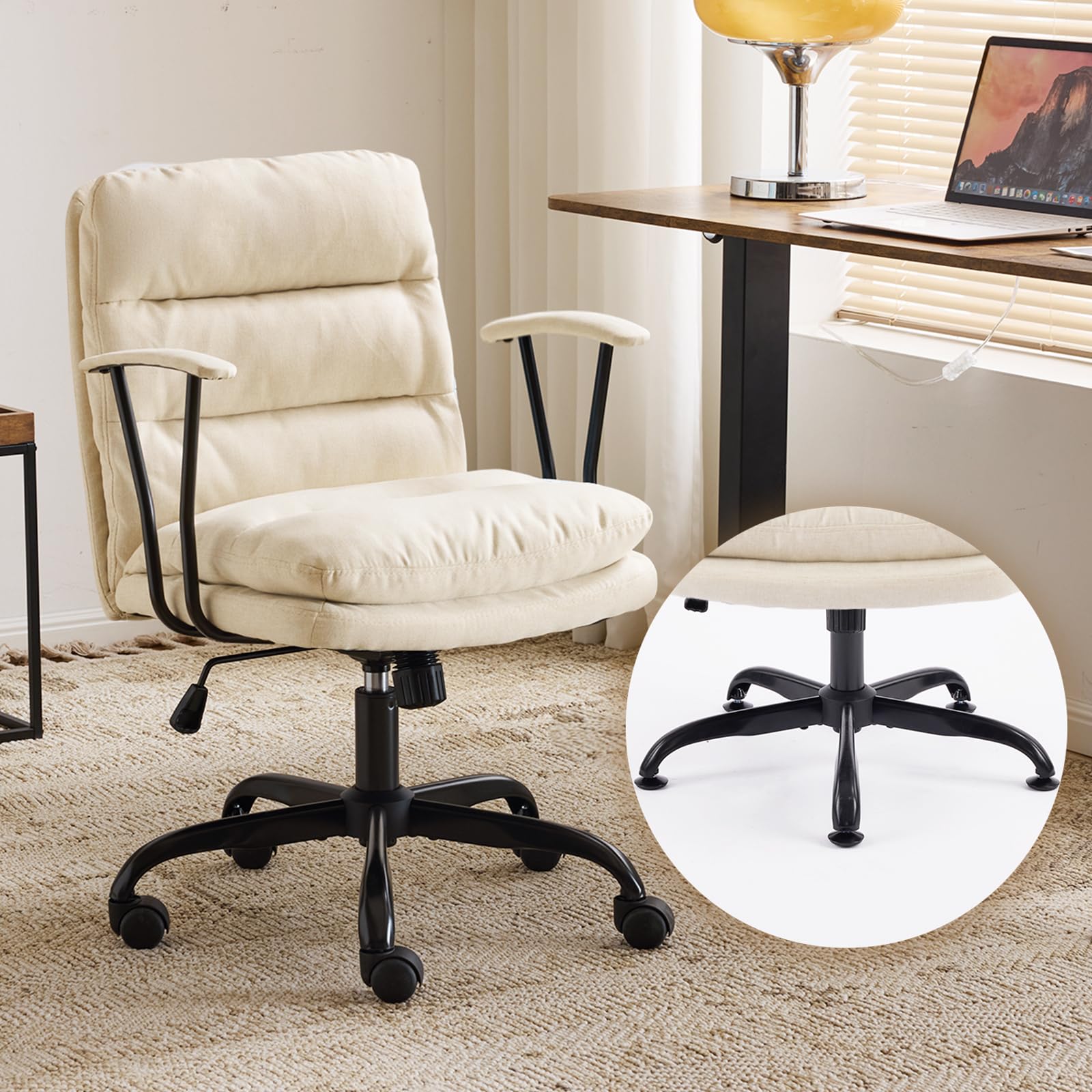 VINGLI Comfy Leisure Vanity Desk Chair with Armrests, Adjustable Height and Extra-thick Seat Pad, 360° Swivel Computer Task Office Chair for Home Office, Bedoom, Gaming & Daily Use, Linen (Cream)