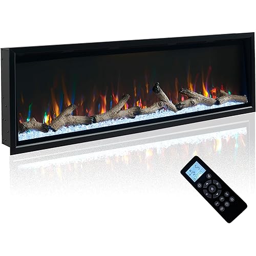 50 Inch Electric Fireplace w/Aluminum Frame, Hidden Air Vents Design, Recessed and Wall Mounted Fireplace Heater w/Thermostat, 12×13×5 Realistic Flame, Visual Remote, Log and Crystal, Black