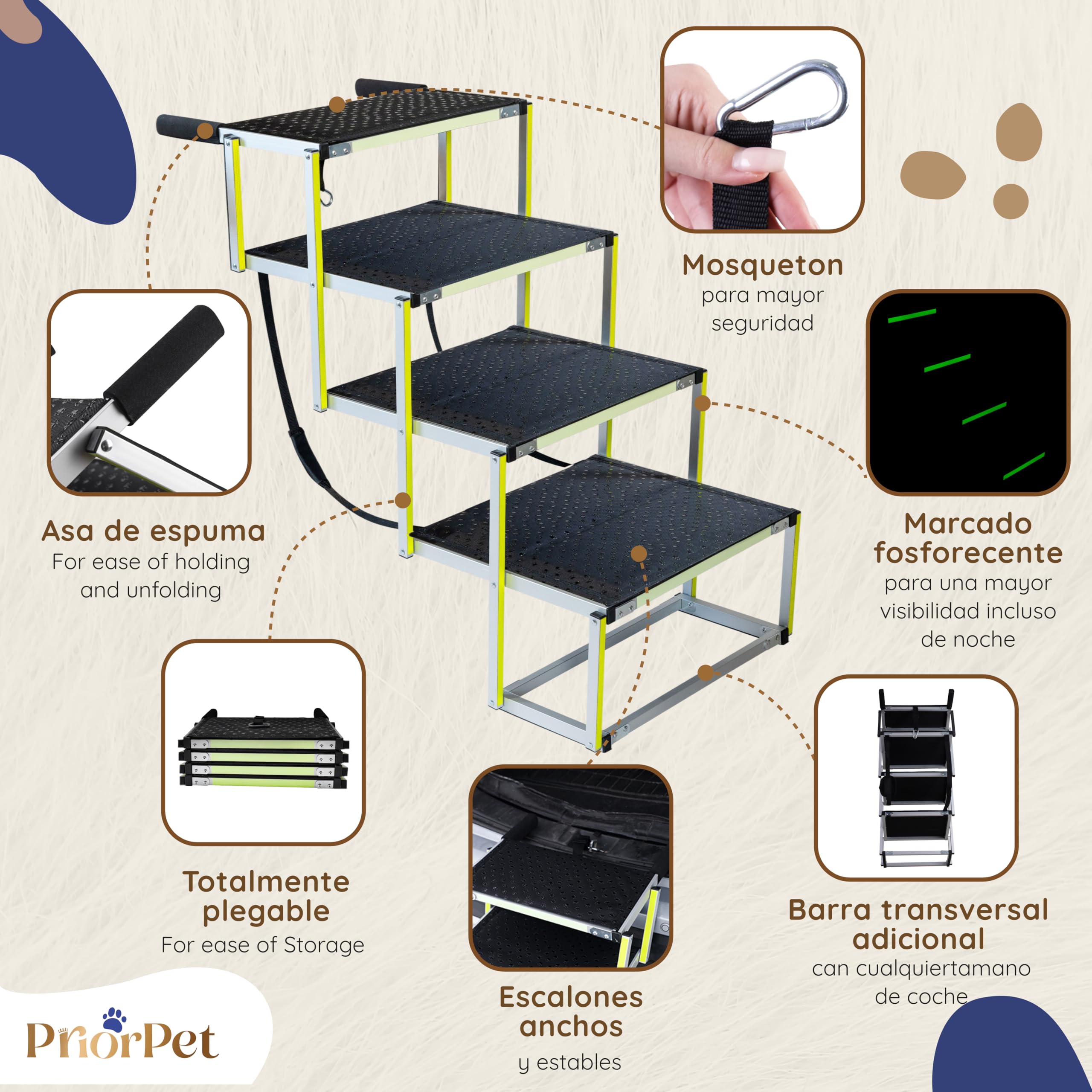 Escalera para Perros Coche Plegable – Escalera Extra Ancha para Perro Grandes – Rampa para Coches Altos y SUV – Brilla en la Oscuridad – Superficie Antideslizante – hasta 105 kg – 4 peldaños