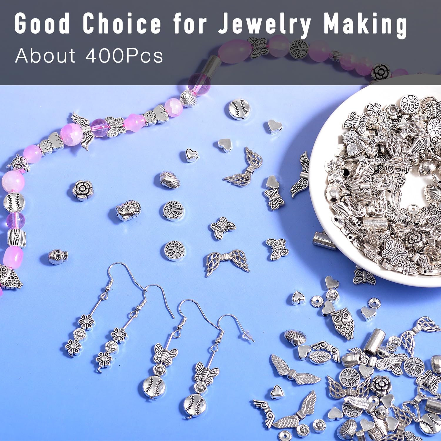 400Pcs Metal Spacer Beads for Jewelry Making, Silver & Gold Plated Findings for Bracelet, Small Hole, Mixed Style (Silver) - Image 2