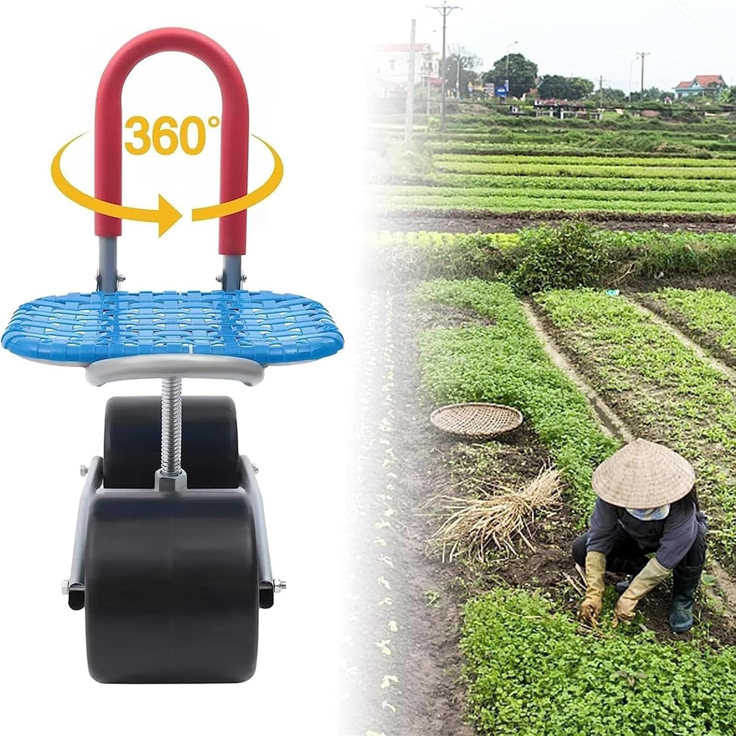 Gardening Seat On Wheels Heavy Duty Garden Stool with Backrest Adjustable Height 360 Degree Swivel for Weeding Gardening Lawn Care Reduce Waist and Leg Pain (Red)