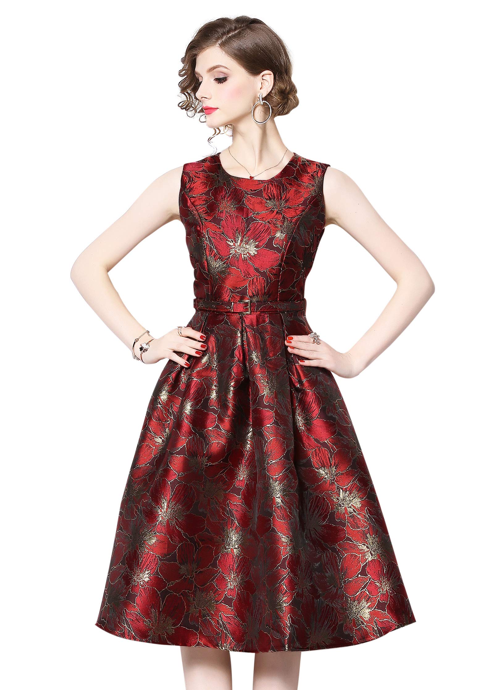 LAI MENG FIVE CATSWomen's Vintage Tea Dress Sleeveless 1950's Floral Garden Rockabilly Swing Prom Cocktail Party Dress