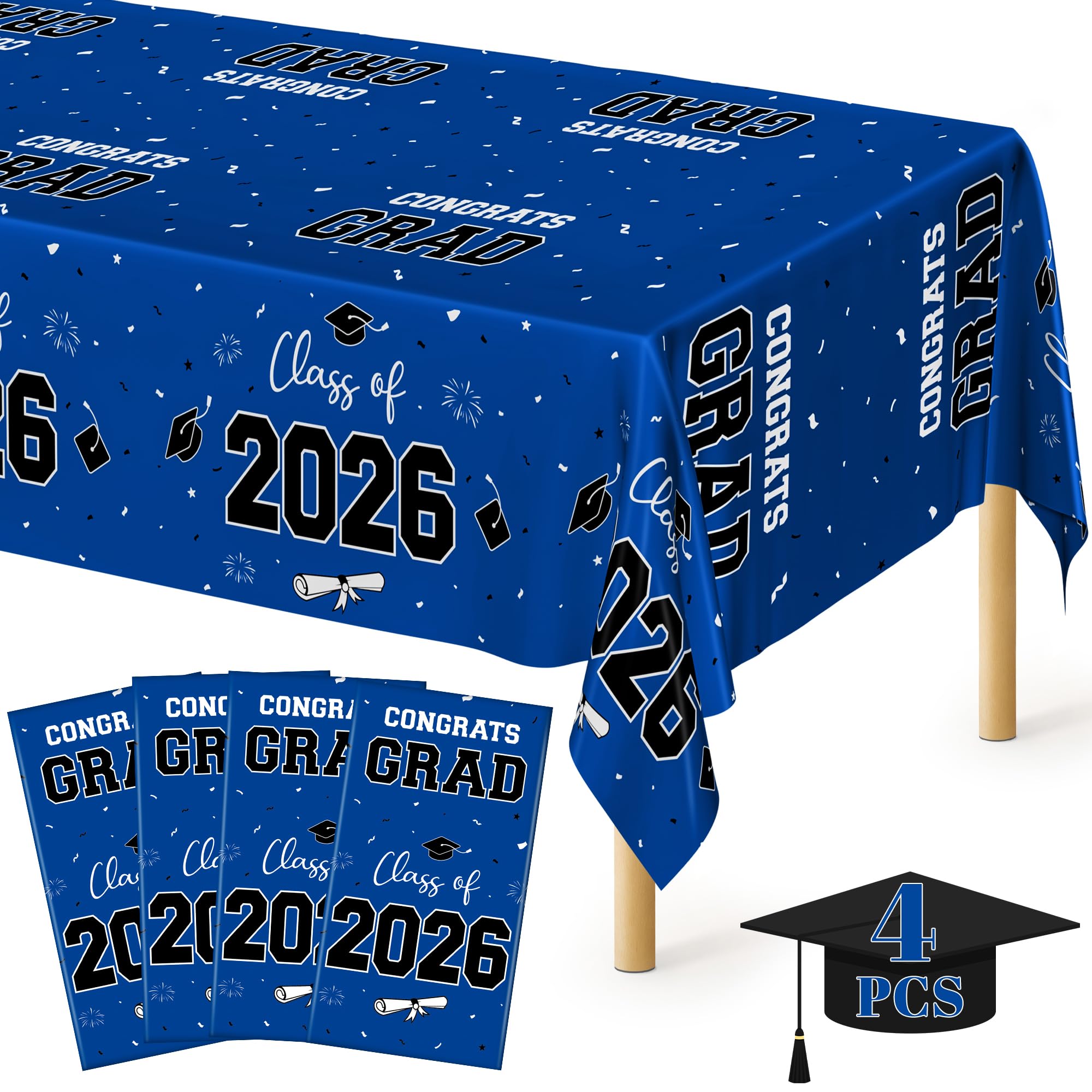 QZYL 4 Pack Graduation Tablecloth, 54" x 108" Blue Graduation Table Decorations 2026, Plastic Tablecover for Class of 2026 Congrats Grad, Rectangle Disposable Grad Party Decorations Supplies Favors