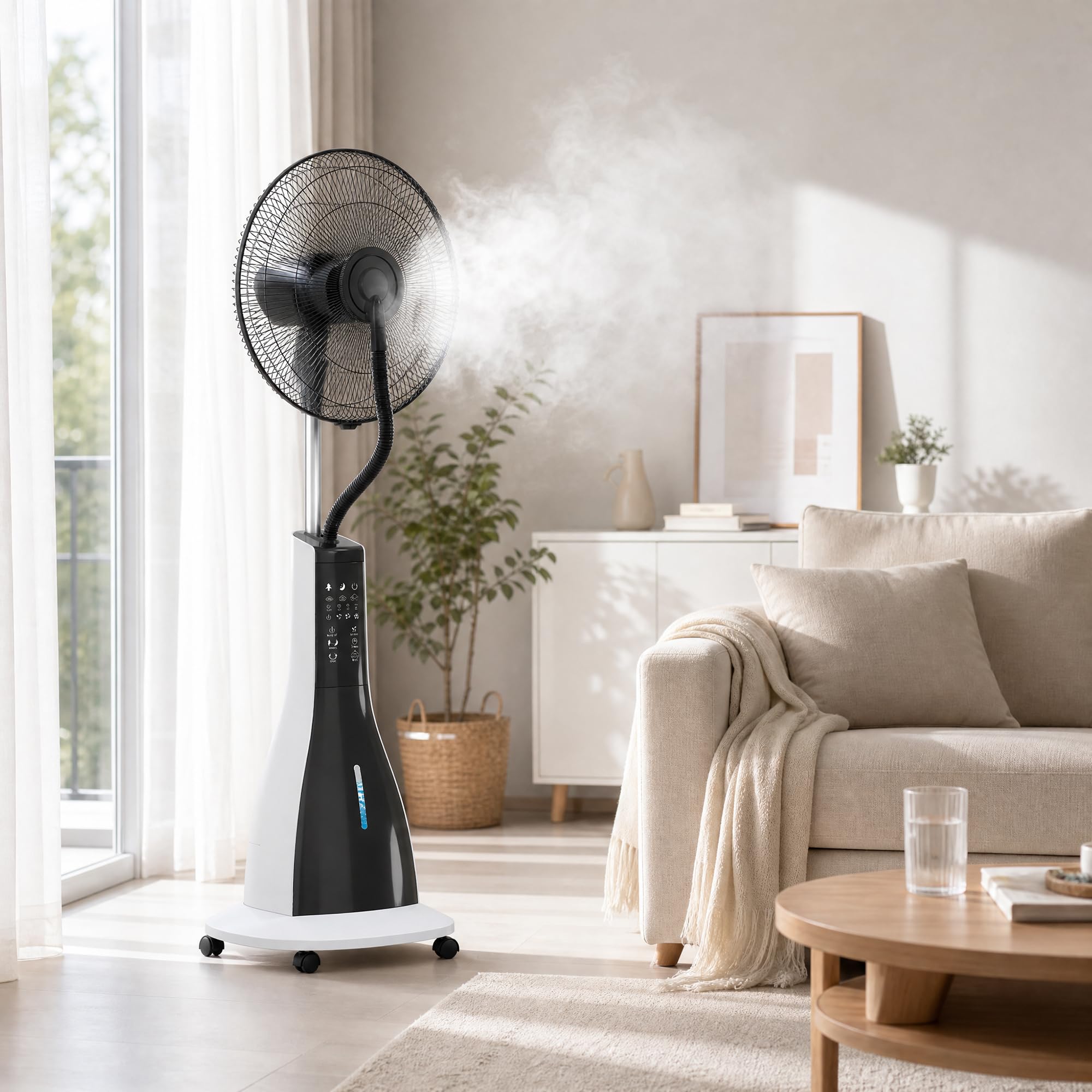 HOMCOM Ventilatore Nebulizzatore con Serbatoio da 3L, 3 Velocità e 3 Modalità, Ventilatore a Piantana con Ruote, Timer 7.5h, Oscillazione 75°, Inclinazione 15°, Display LED, Telecomando, 90W, Ø50cm