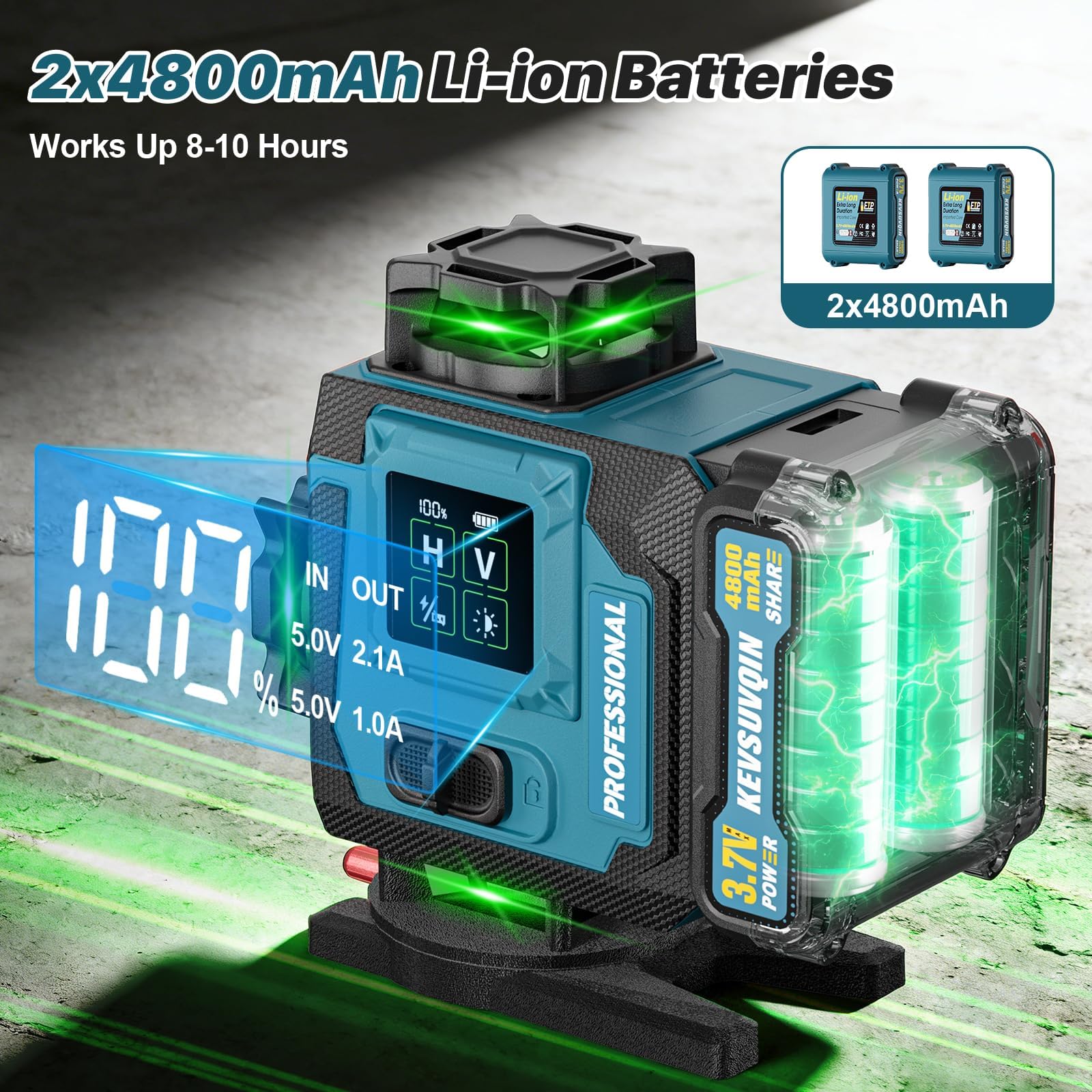 Nivel Laser,Nivel Laser Autonivelante 360 Grados con 2x4800mAh Batería & Pantalla LED Grande,Nivelador Laser 4x360 °, 4D 16 Líneas Laser Verde/APP/Control Remoto para Construcción