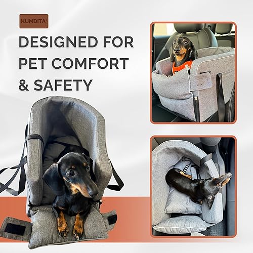Miniatura 7 de Kumdita' Asiento de automóvil y transportador de consola central para perros y gatos pequeños con correas dobles para colocar sobre el asiento,